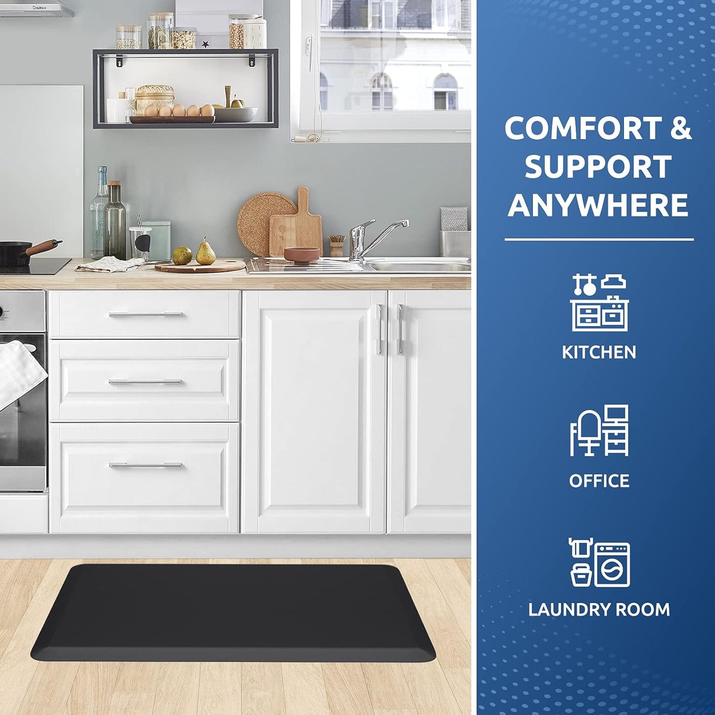 Anti-Fatigue Cushioned Kitchen Mat – Waterproof, Non-Slip Standing Floor Rug 17.3"x28" (Black)