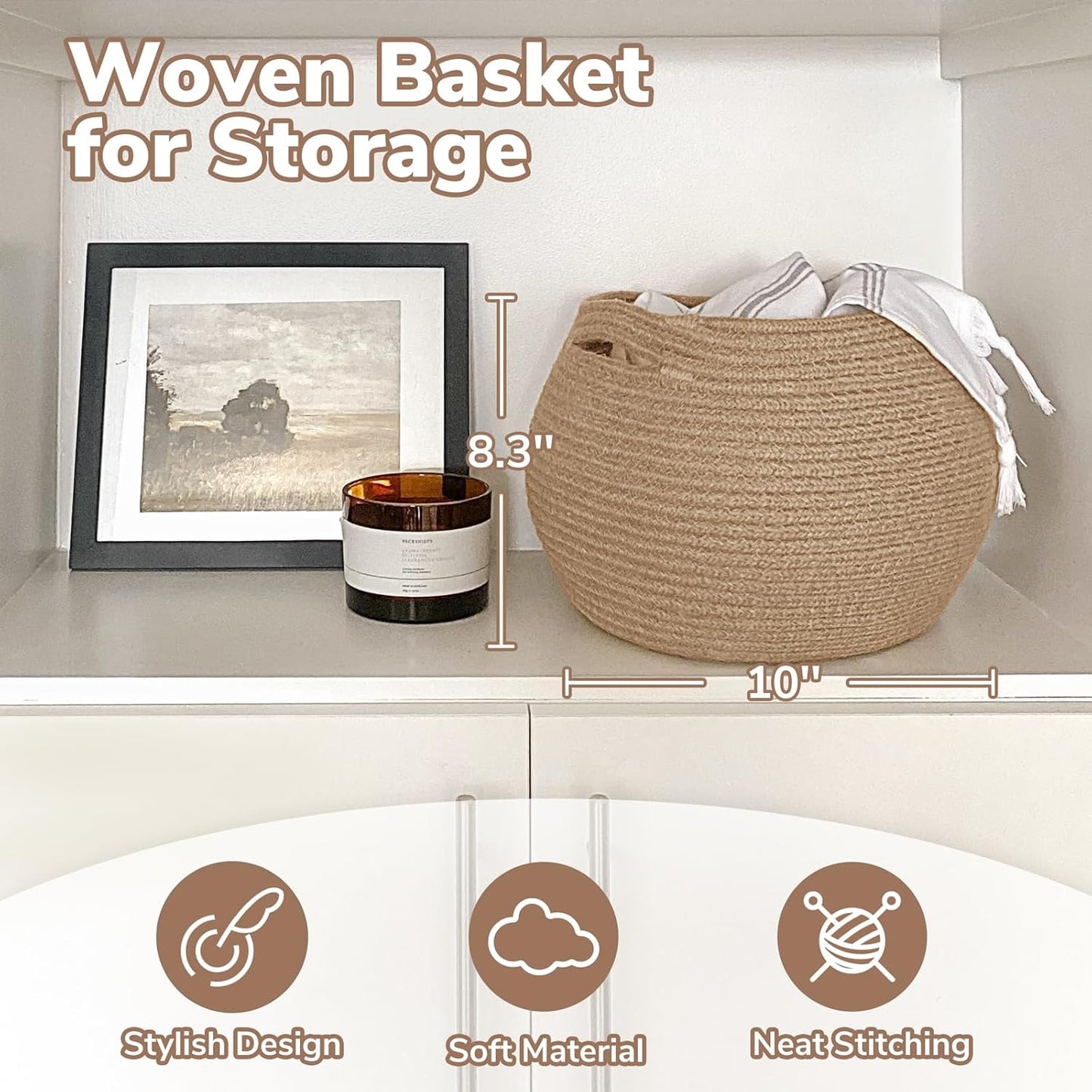 Small Round Jute Wicker Basket – Woven Storage Bin for Toys, Towels & Indoor Decor (10” x 8.3”)