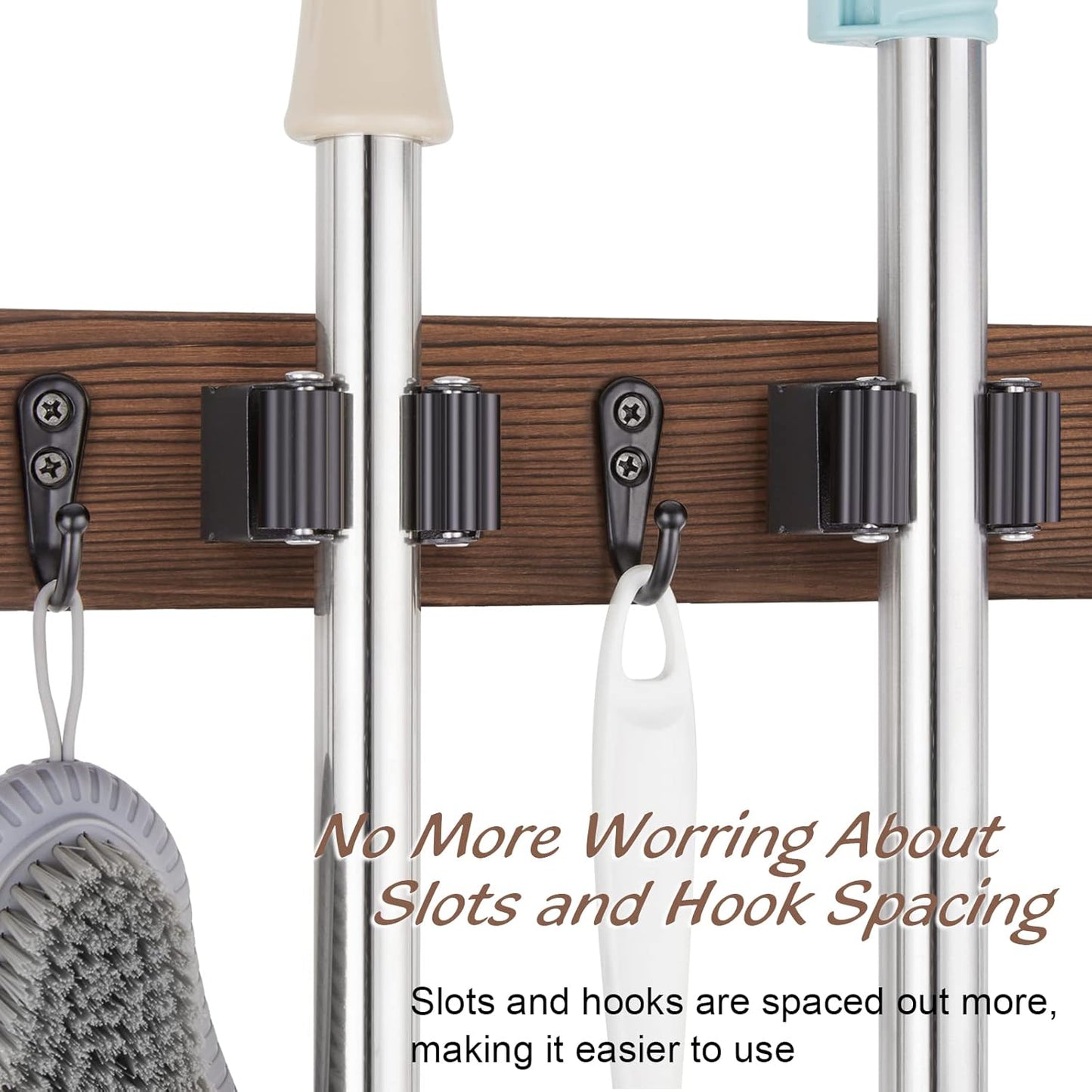 Rustic Wood Broom & Mop Holder Wall Mount – 3 Slots & 4 Hooks for Kitchen, Pantry, Garden, or Laundry Organization