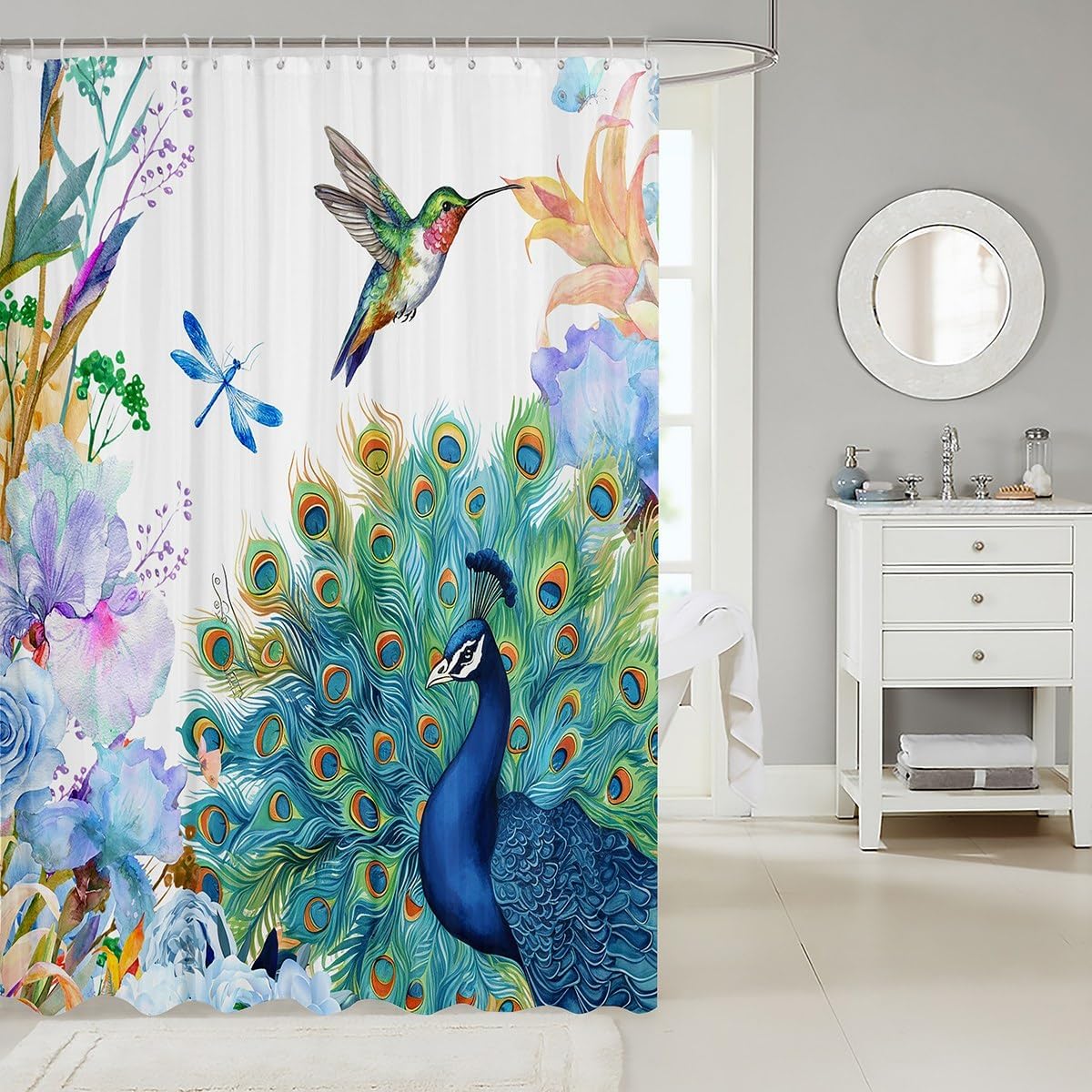 Peacock & Hummingbird Shower Curtain – 72x72” Navy Floral Nature Bathroom Curtain with Dragonfly Design, Waterproof with Hooks
