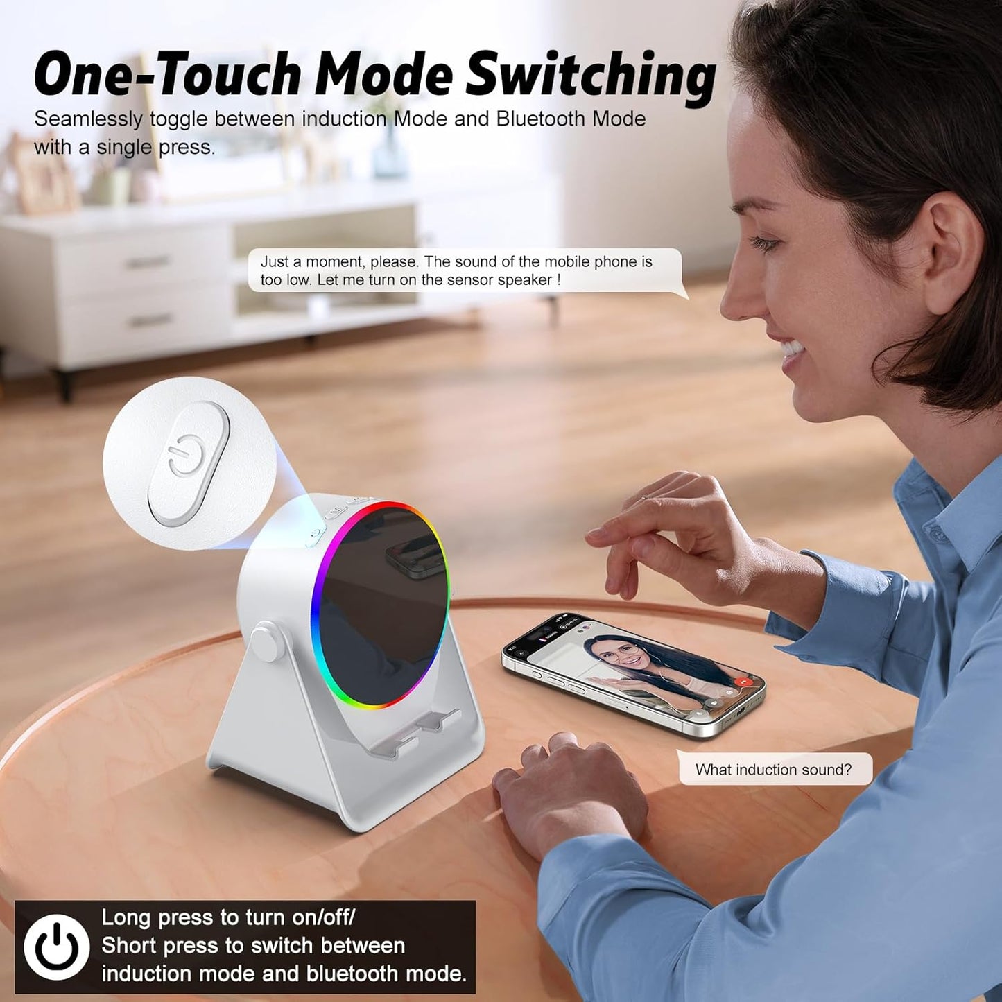 4-in-1 Wireless Induction Bluetooth Speaker with RGB Light & 360° Phone Stand