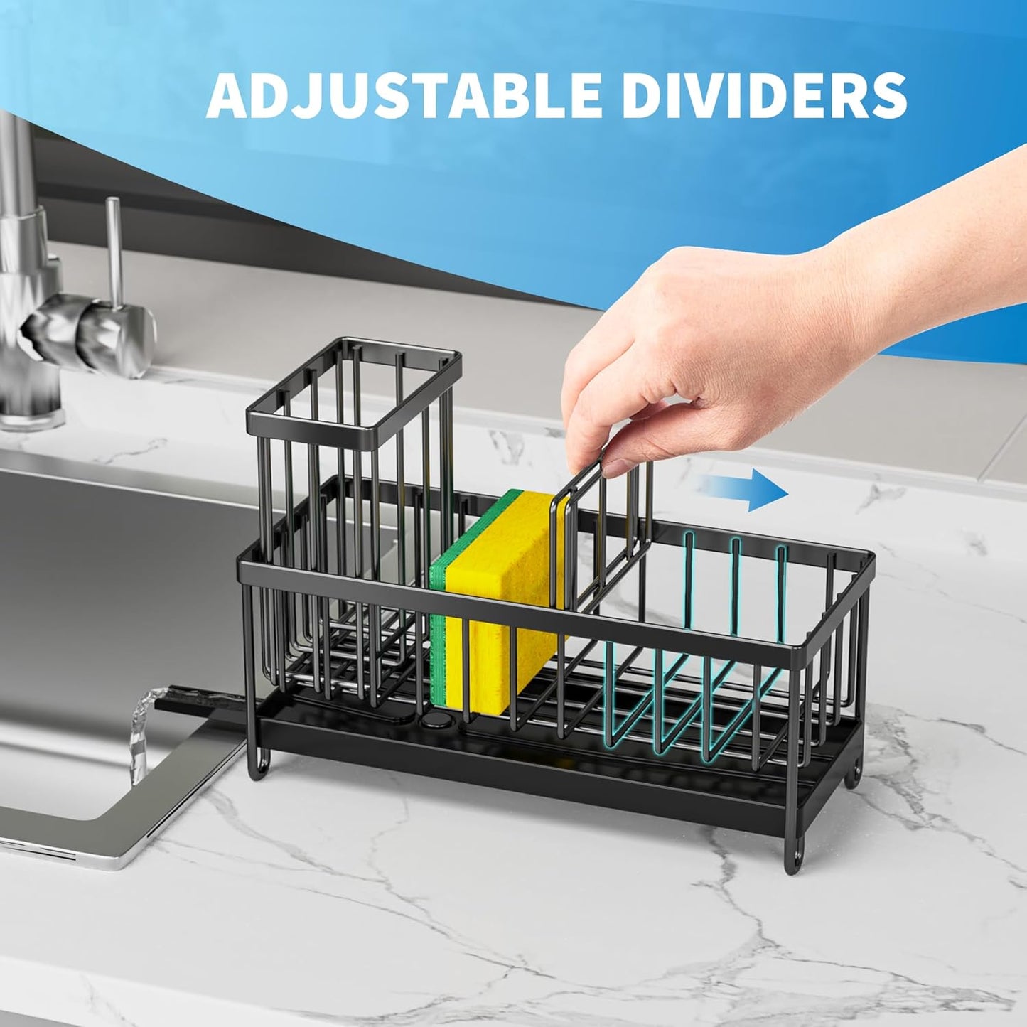 Black Sink Caddy Organizer – Rustproof Sponge Holder with Brush Slot & Soap Dispenser Space, 304 Stainless Steel