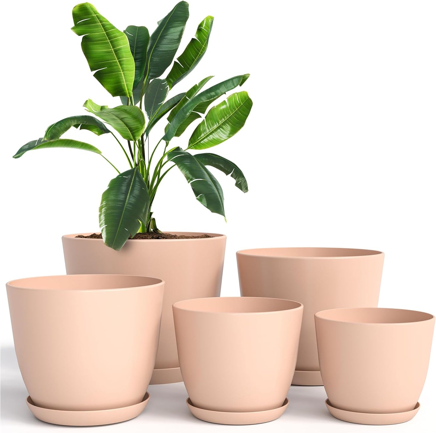 5-Pack White Indoor Plant Pots with Drainage – Modern Plastic Planters (7 to 4.8 Inches) for Home, Office & Gift Decor