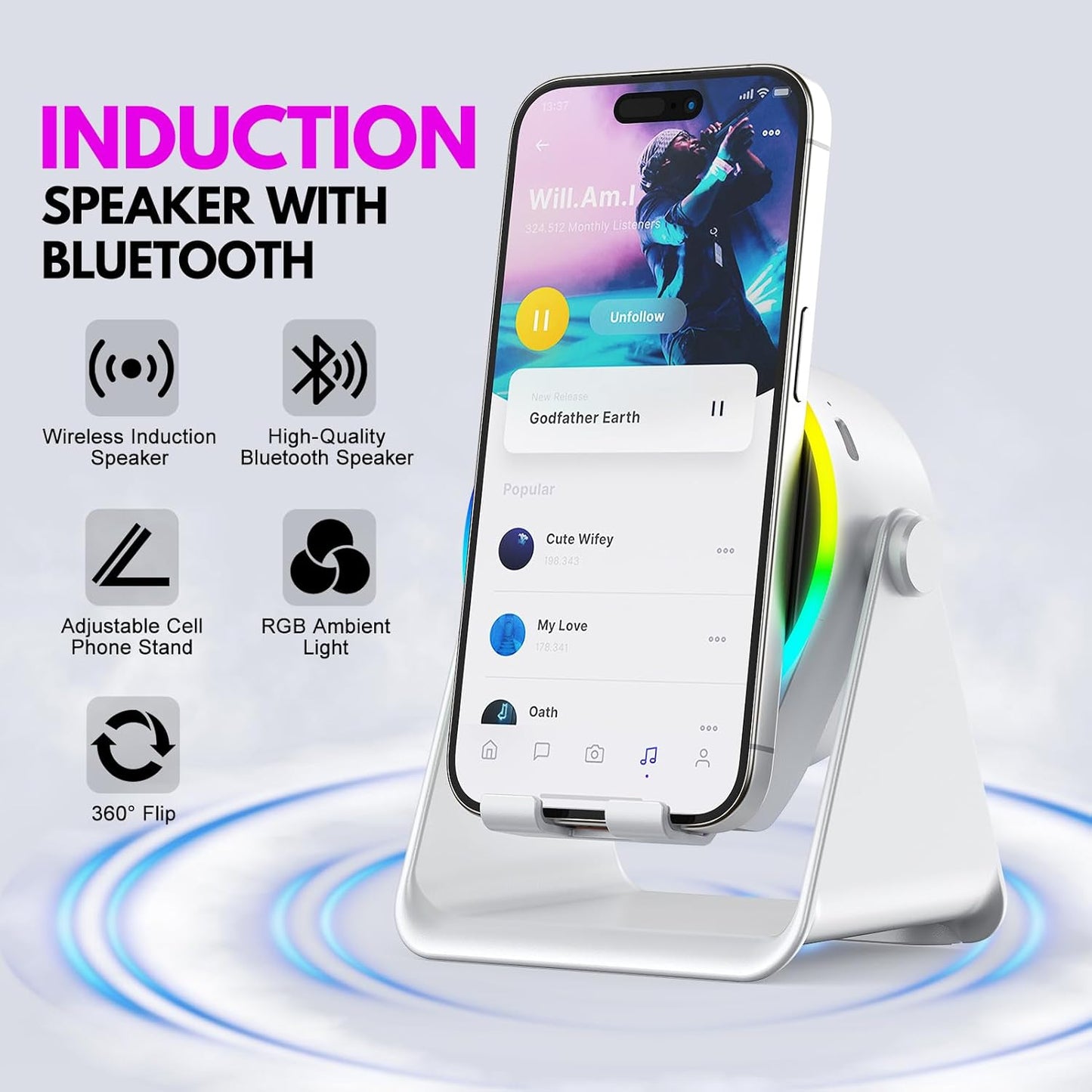 4-in-1 Wireless Induction Bluetooth Speaker with RGB Light & 360° Phone Stand