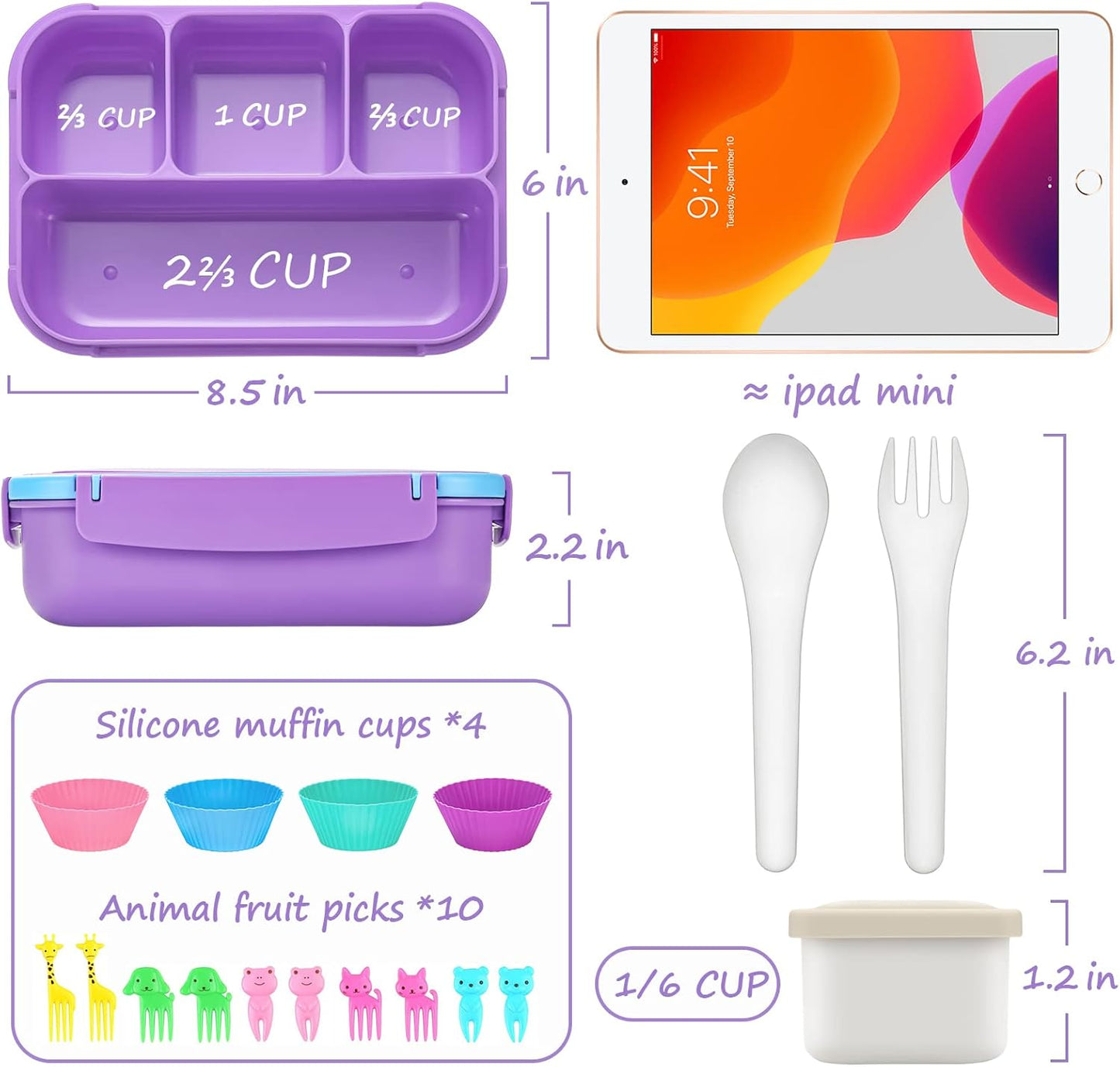 Bento Lunch Box for Kids Girls Boys, Toddler Kids Lunch Boxes for School, Lunch Containers for Adults with 4 Compartments, Sauce Container, Utensils, Food Picks and Muffin Cups, Purple