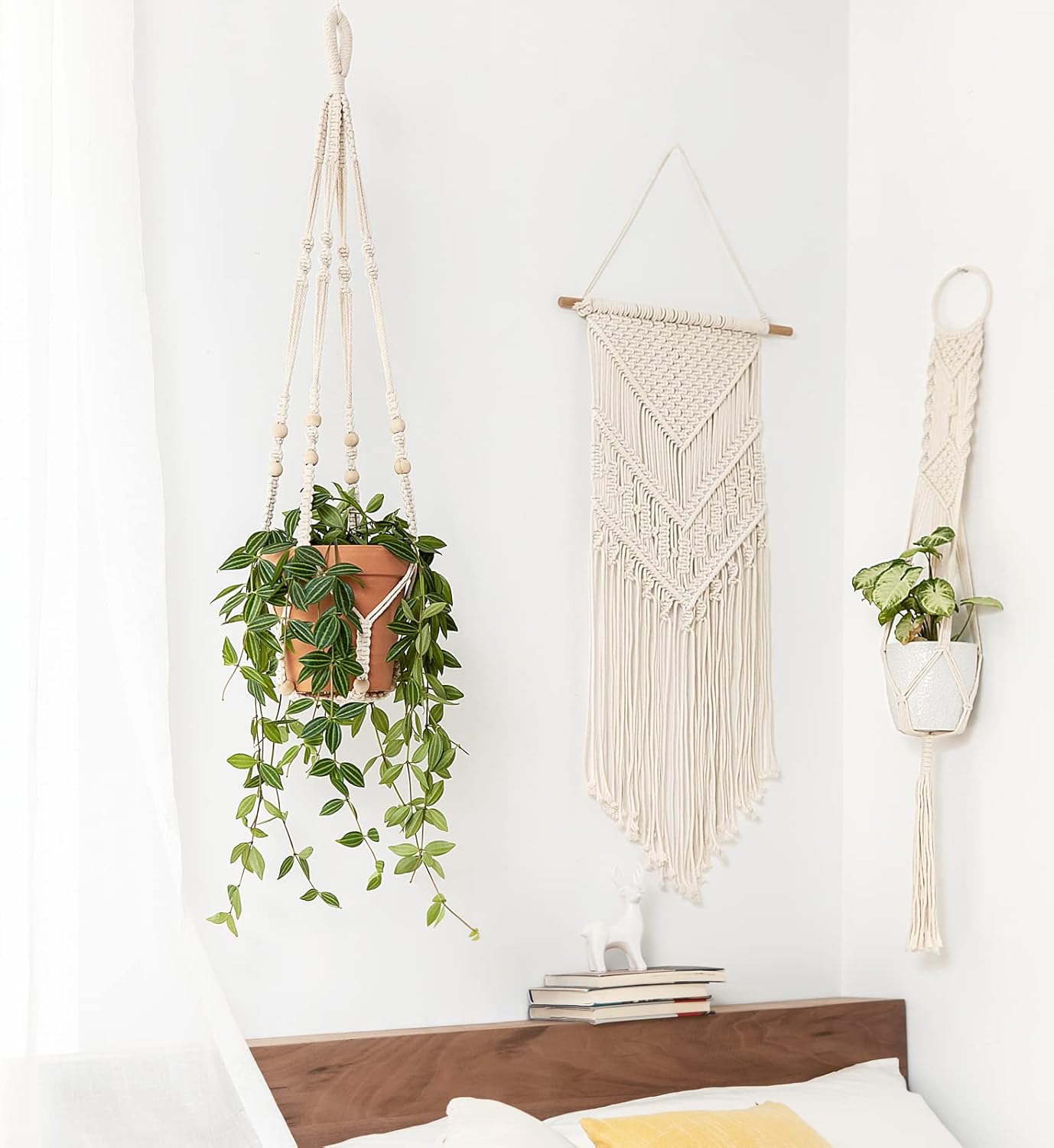 Macrame Plant Hanger Set – 35" Ivory Indoor Hanging Planters with Wood Beads (2 Pack, Pots Not Included)