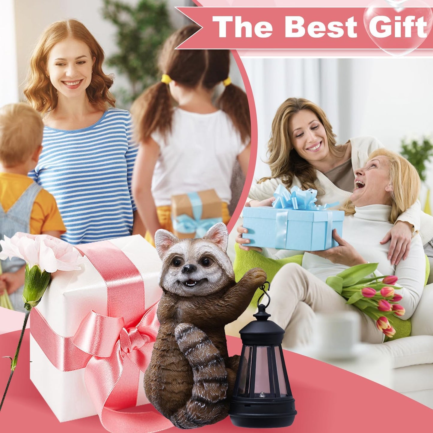 Raccoon Tree Hanger with Solar Lantern – 7.4” Outdoor Garden Decor Statue for Yard, Patio, or Fence | Charming Animal Gift for Women & Moms