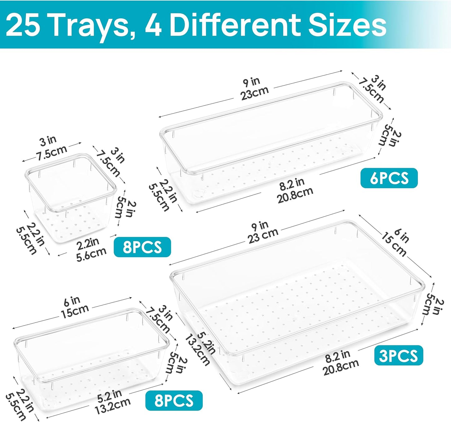 25-Piece Clear Drawer Organizer Set – Multi-Size Storage Bins for Home, Kitchen, Bath & Office