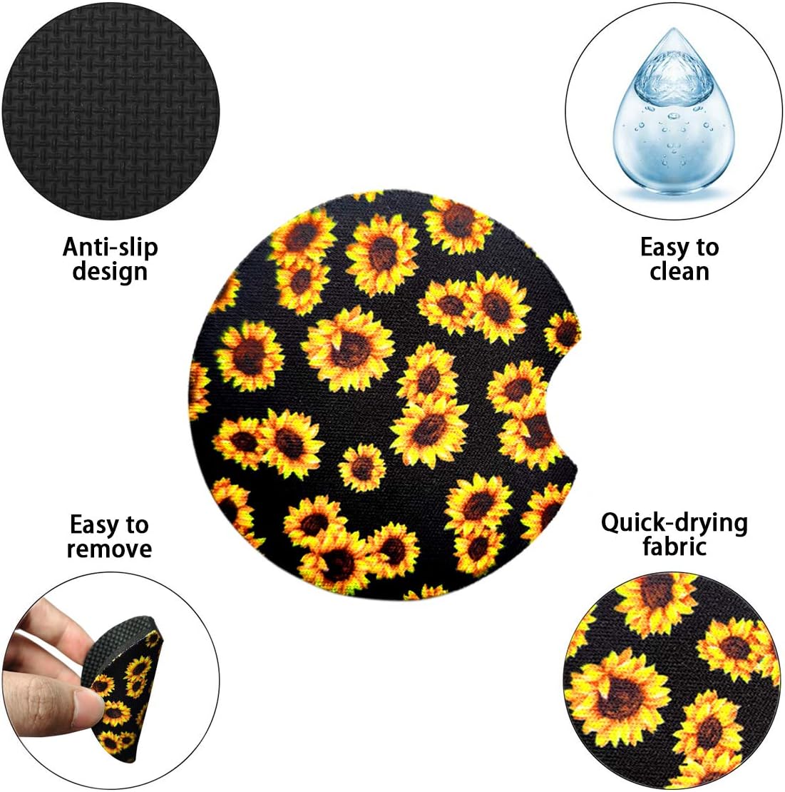 2 Pack Car Coasters for Drinks Absorbent - 2.75 Inch Cute Car Cup Holder Coasters for Women, Removable Cup Holder Coaster for Your Car, Car Interior Accessories for Women & Girls (Sunflower)