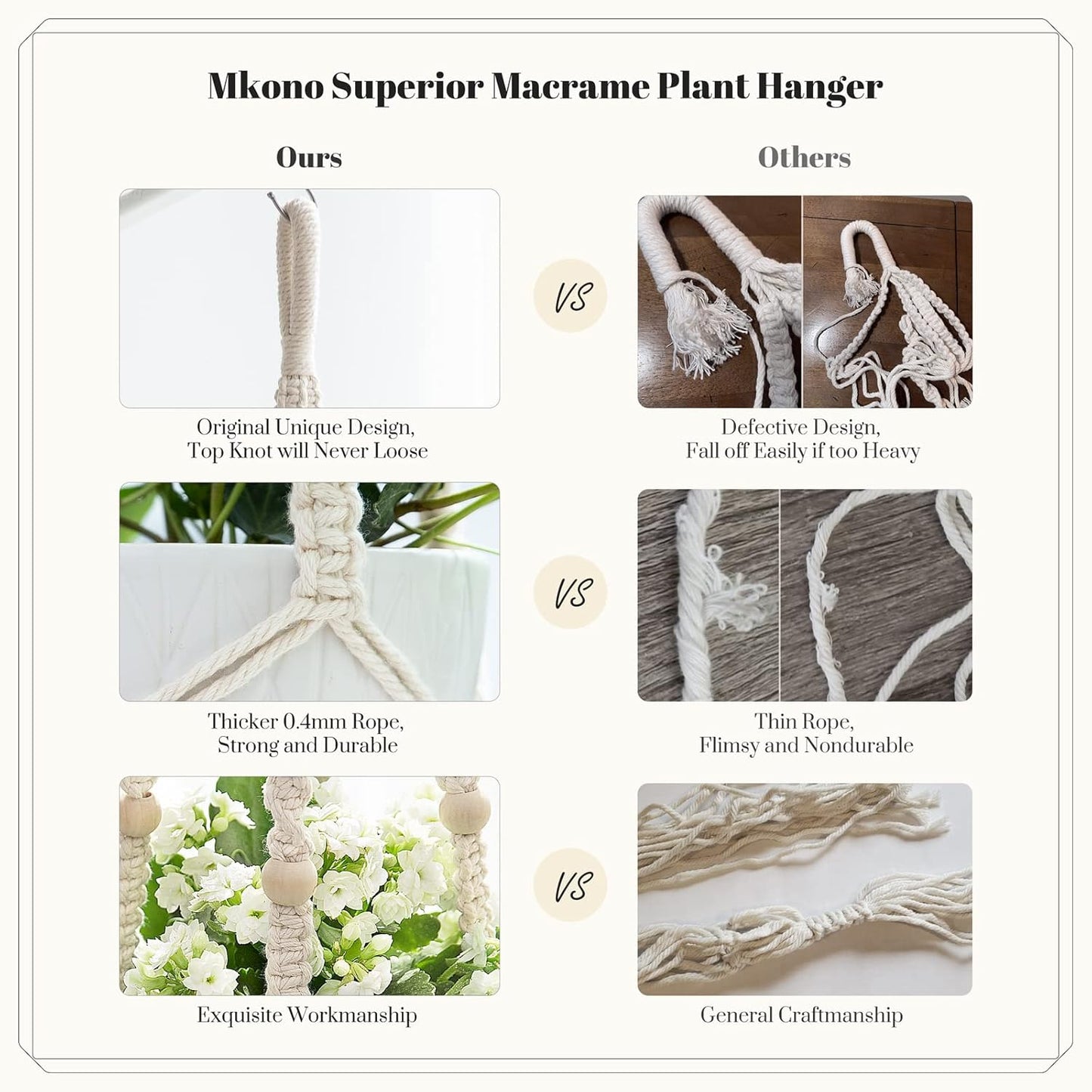 3-Pack Macrame Plant Hangers – Ivory Indoor Hanging Planters with Beads, 3 Sizes (35", 29", 23") – No Tassels