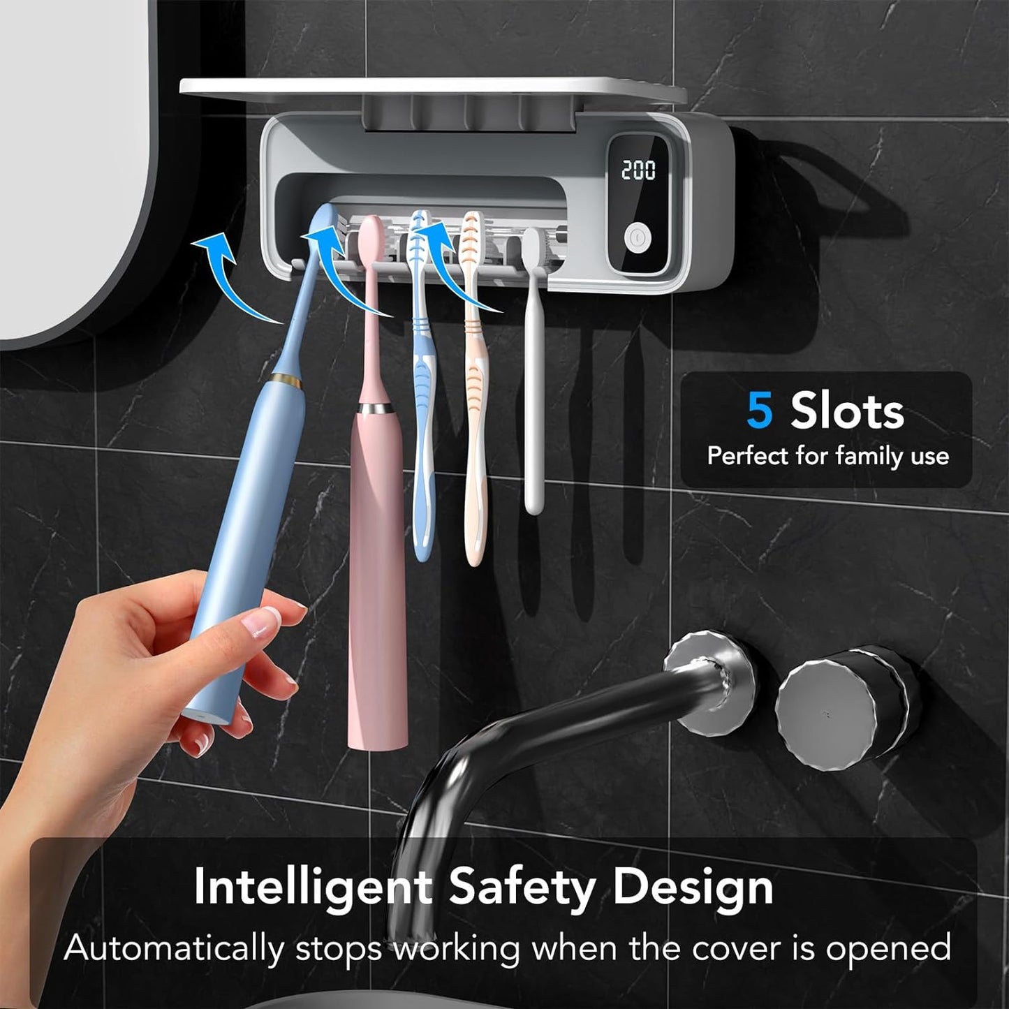 StarWin™ 5-Slot UV Toothbrush Cleaner with Timer – Cordless, Wall-Mount, No Drilling Required