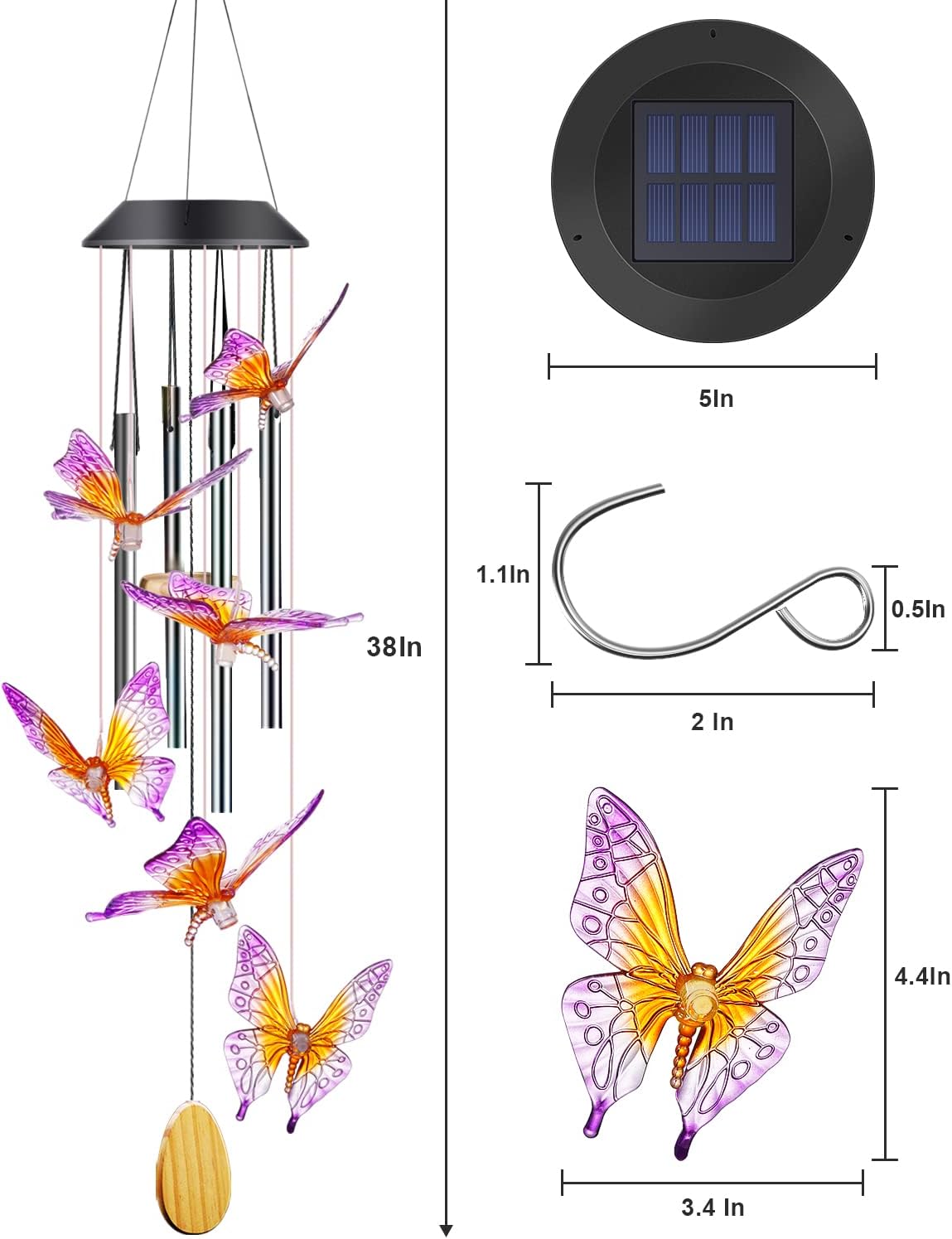 Butterfly Solar Wind Chimes with Aluminum Tubes – Outdoor Color-Changing LED Lights for Garden, Patio, Porch – Thanksgiving Gift
