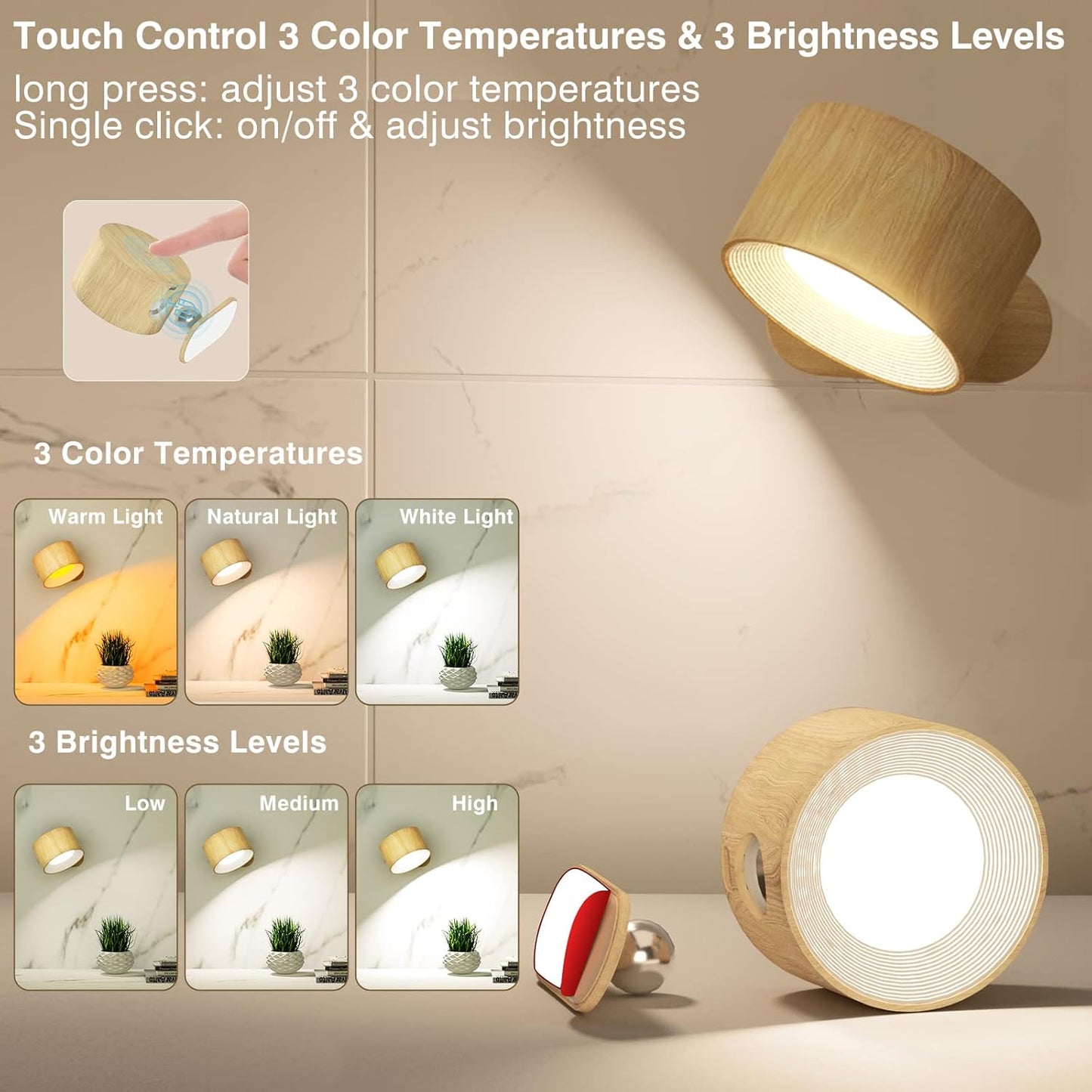 LED Wall Sconces – Rechargeable Touch-Control Lamps with USB, 3 Brightness & Color Modes, 360° Magnetic Rotation