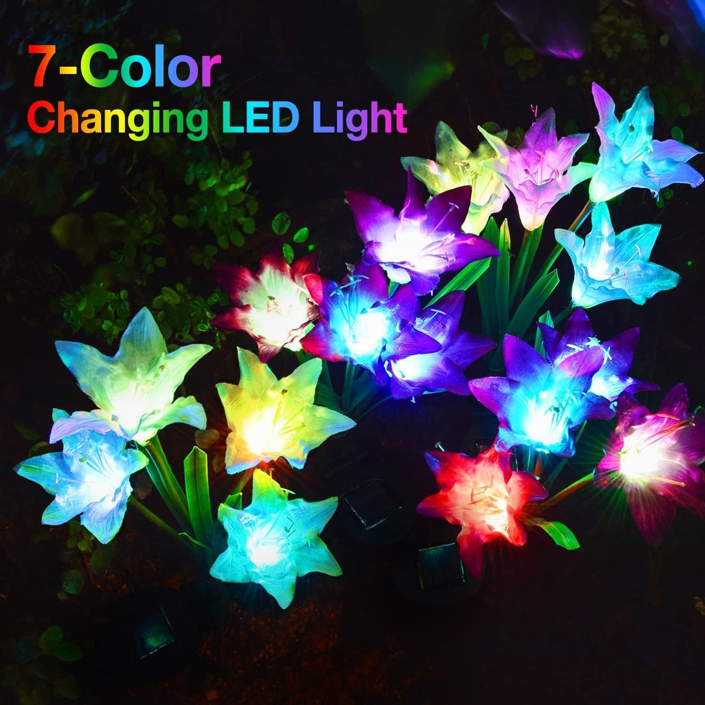 Outdoor Solar Lights, 4 Pack Solar Garden Light with Bigger Lily Flowers, Waterproof 7 Color Changing Solar Lights Outdoor - Bigger Panel for Patio Yard Garden Decoration, Gift for Mom