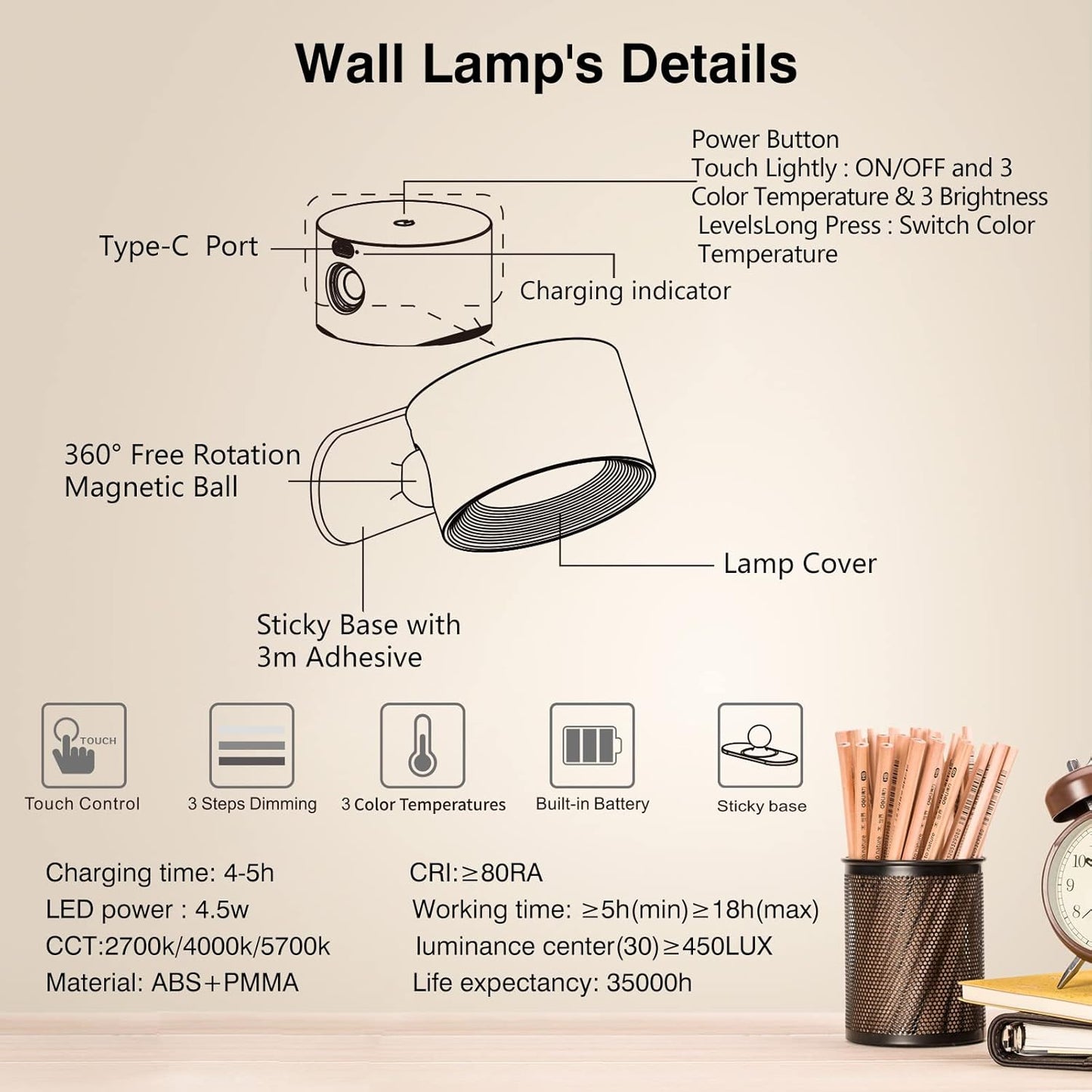 LED Wall Sconces – Rechargeable Touch-Control Lamps with USB, 3 Brightness & Color Modes, 360° Magnetic Rotation