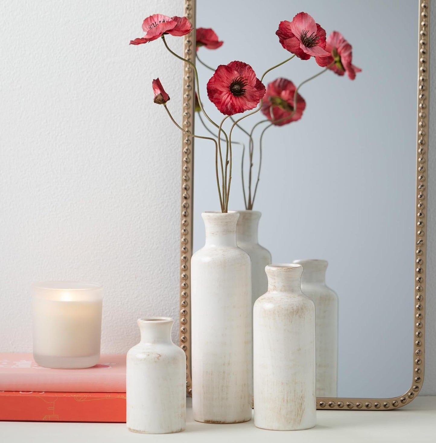 White Ceramic Vase Set – Farmhouse Decorative Vases for Living Room, Kitchen & Shelf Centerpiece (CM2333)