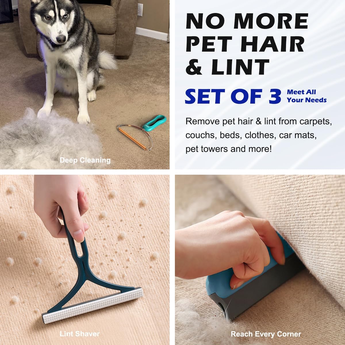 3-Pack Pet Hair Remover Set – Lint Shavers & Fur Tools for Carpet, Furniture & Clothes