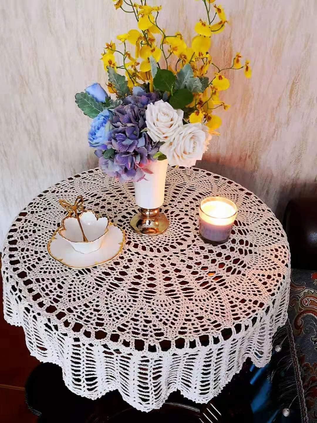 33" Vintage Crochet Lace Round Tablecloth – Handmade Cotton Doily Table Topper for Boho Wedding & Home Decor (Beige)