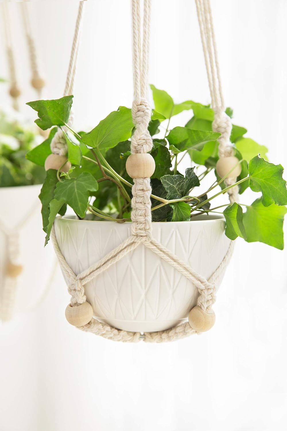3-Pack Macrame Plant Hangers – Ivory Indoor Hanging Planters with Beads, 3 Sizes (35", 29", 23") – No Tassels