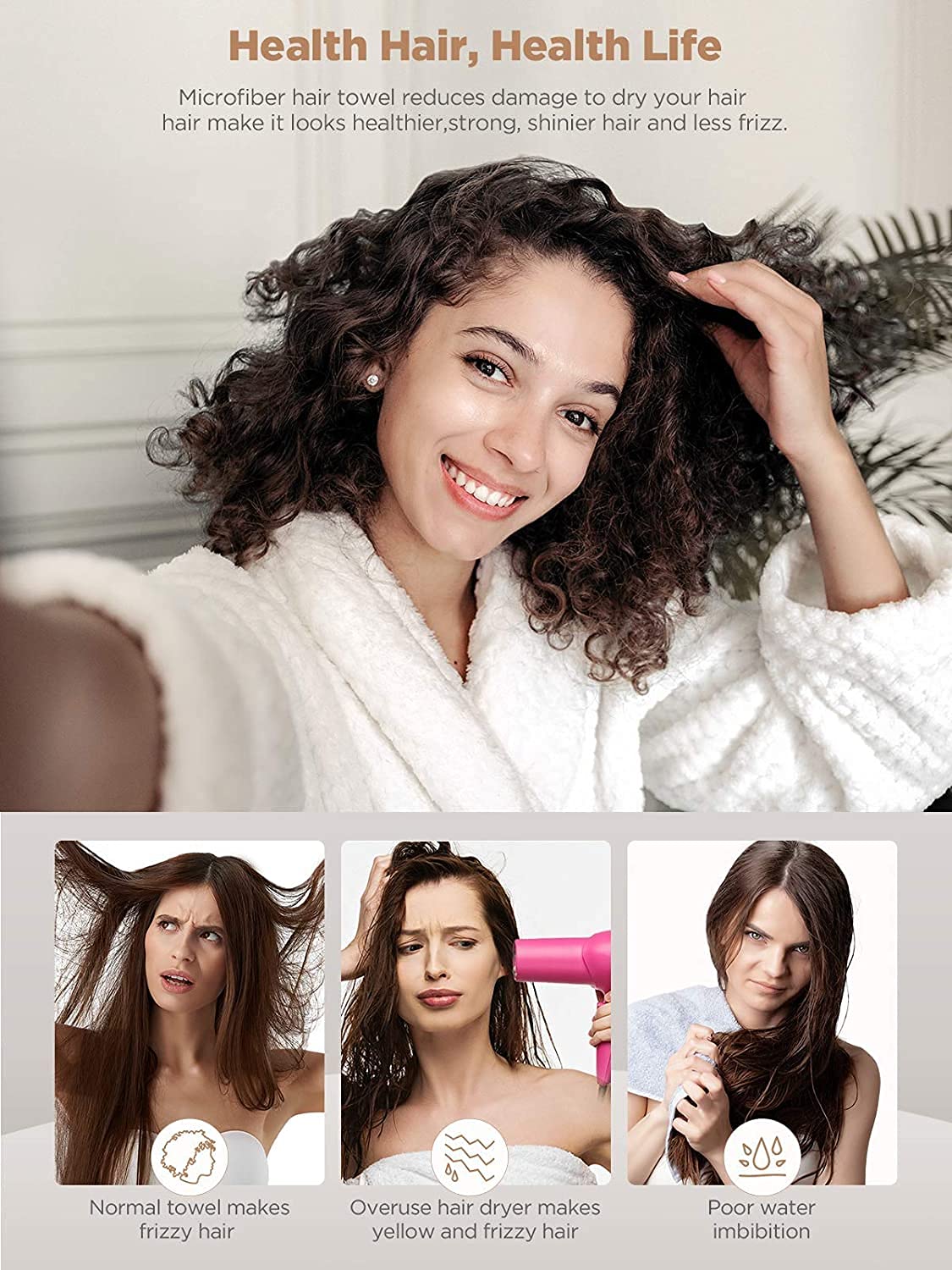 Microfiber Hair Towel Wrap – 3-Pack Quick-Dry Anti-Frizz Turbans for Women (Blue, Grey, Pink)