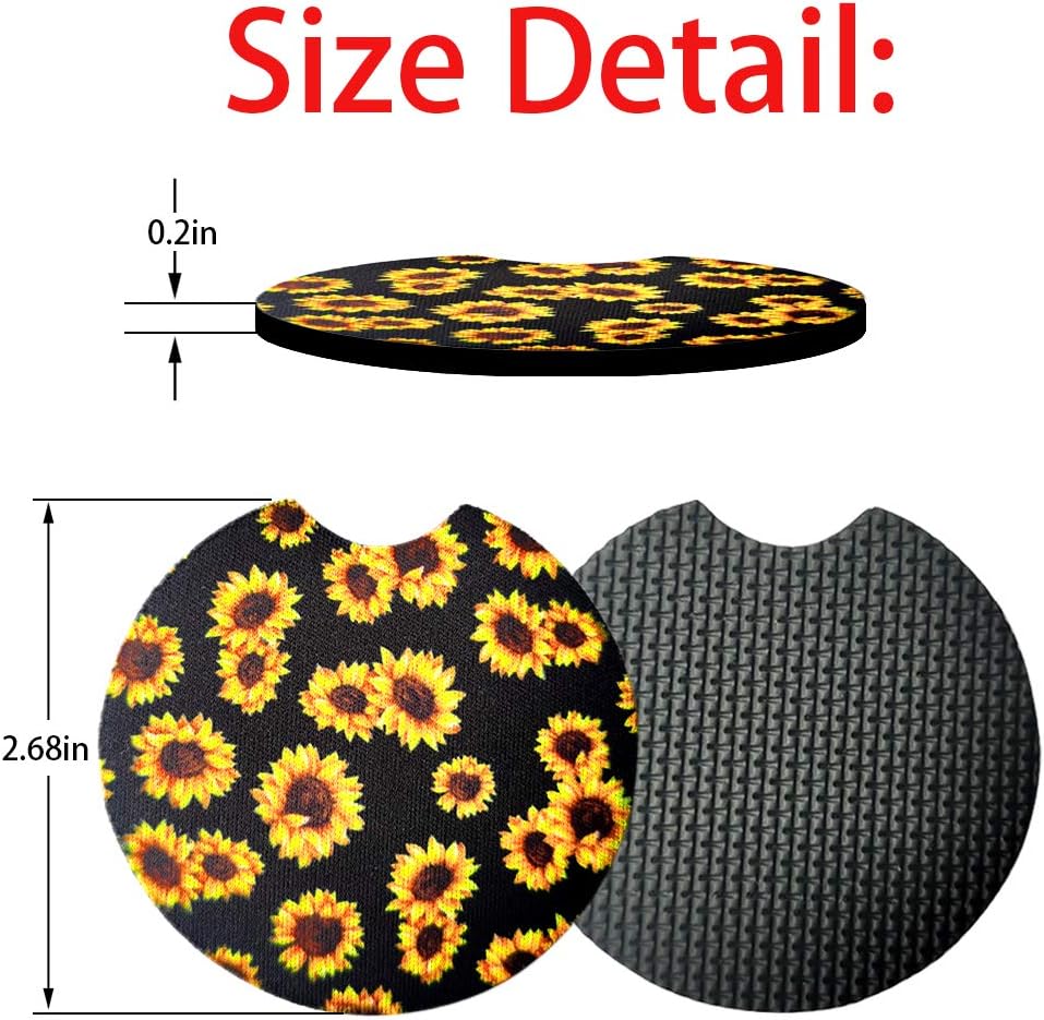 2 Pack Car Coasters for Drinks Absorbent - 2.75 Inch Cute Car Cup Holder Coasters for Women, Removable Cup Holder Coaster for Your Car, Car Interior Accessories for Women & Girls (Sunflower)