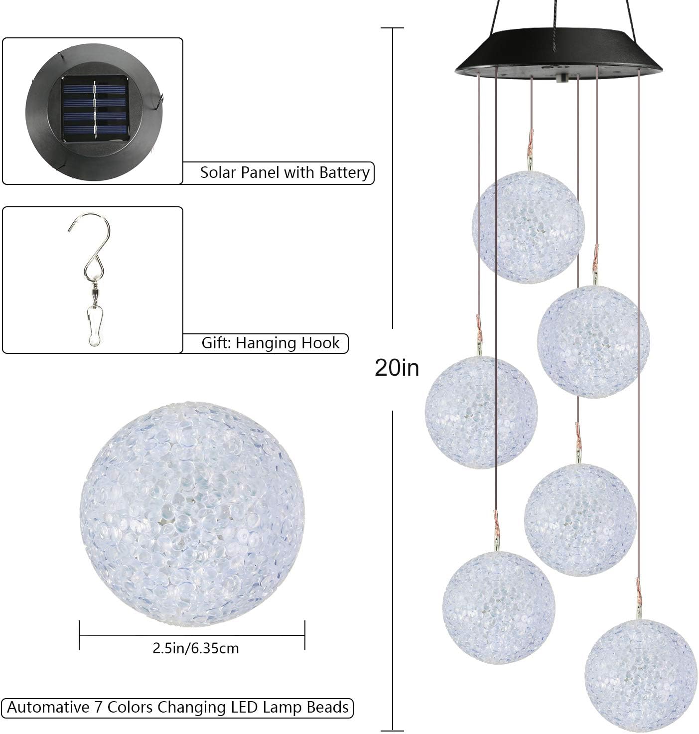 Solar Wind Chime, Color Changing Ball Wind Chimes, LED Decorative Mobile, Gifts for Mom Grandma, Waterproof Outdoor Solar Lights for Garden, Patio, Party, Yard, Window, Outdoor Decorations