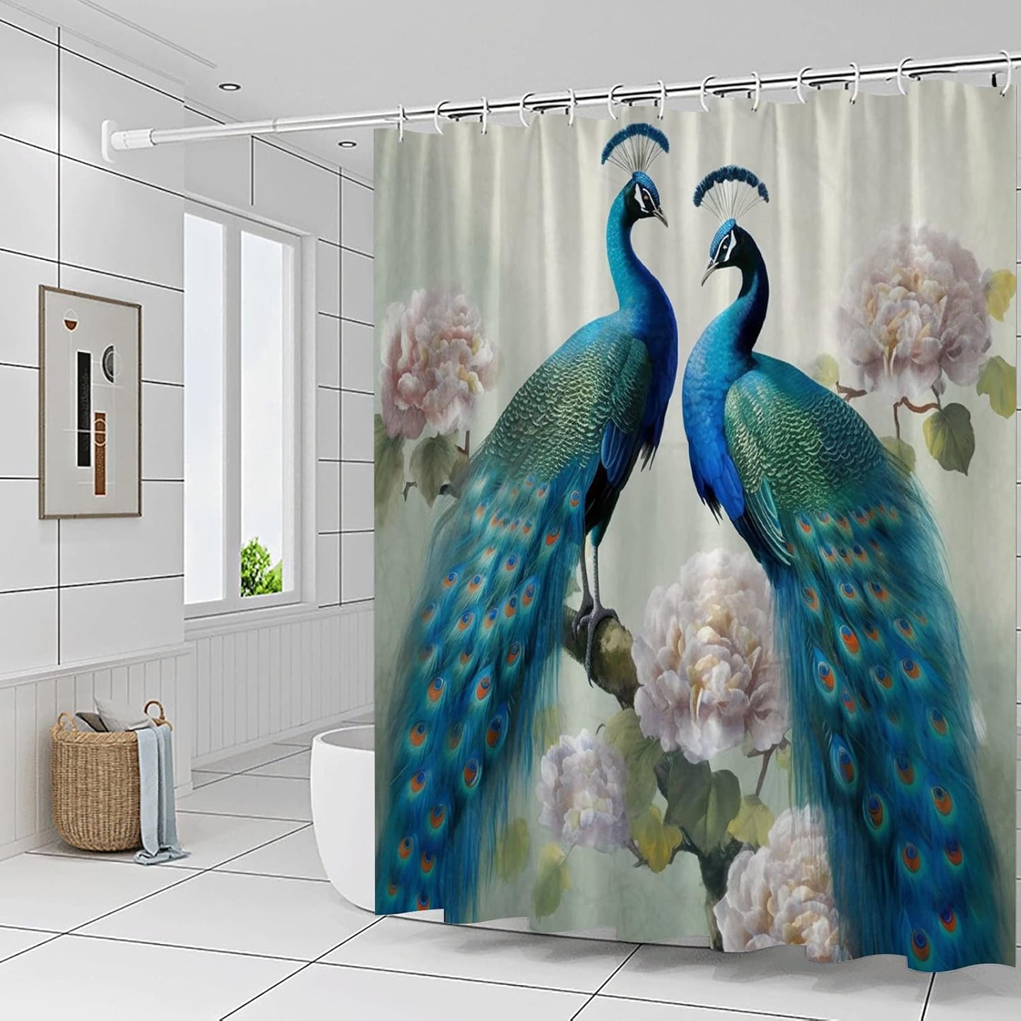 Peacock Shower Curtain – 70x70 Inch Chinese Style Bathroom Decor with Blue Bird, Peony Flowers & Green Leaves – Elegant Polyester Fabric with Hooks Included