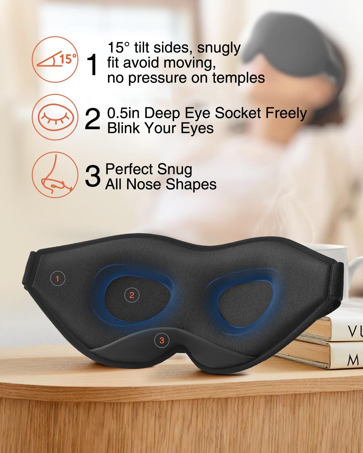 3D Contoured Sleep Mask – 100% Light Blocking Eye Mask for Side Sleepers (Black)