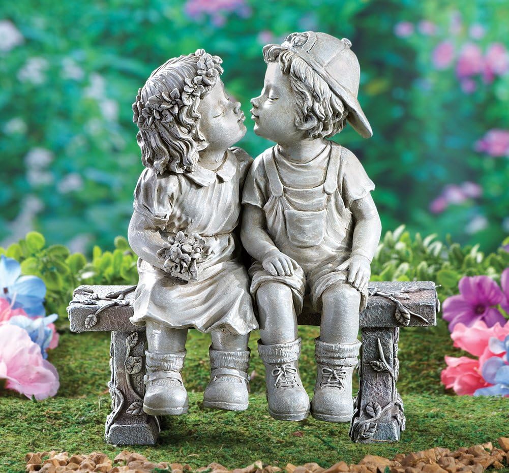 First Kiss Garden Statue – Romantic Puppy Love Kissing Couple Sculpture for Outdoor or Indoor Décor