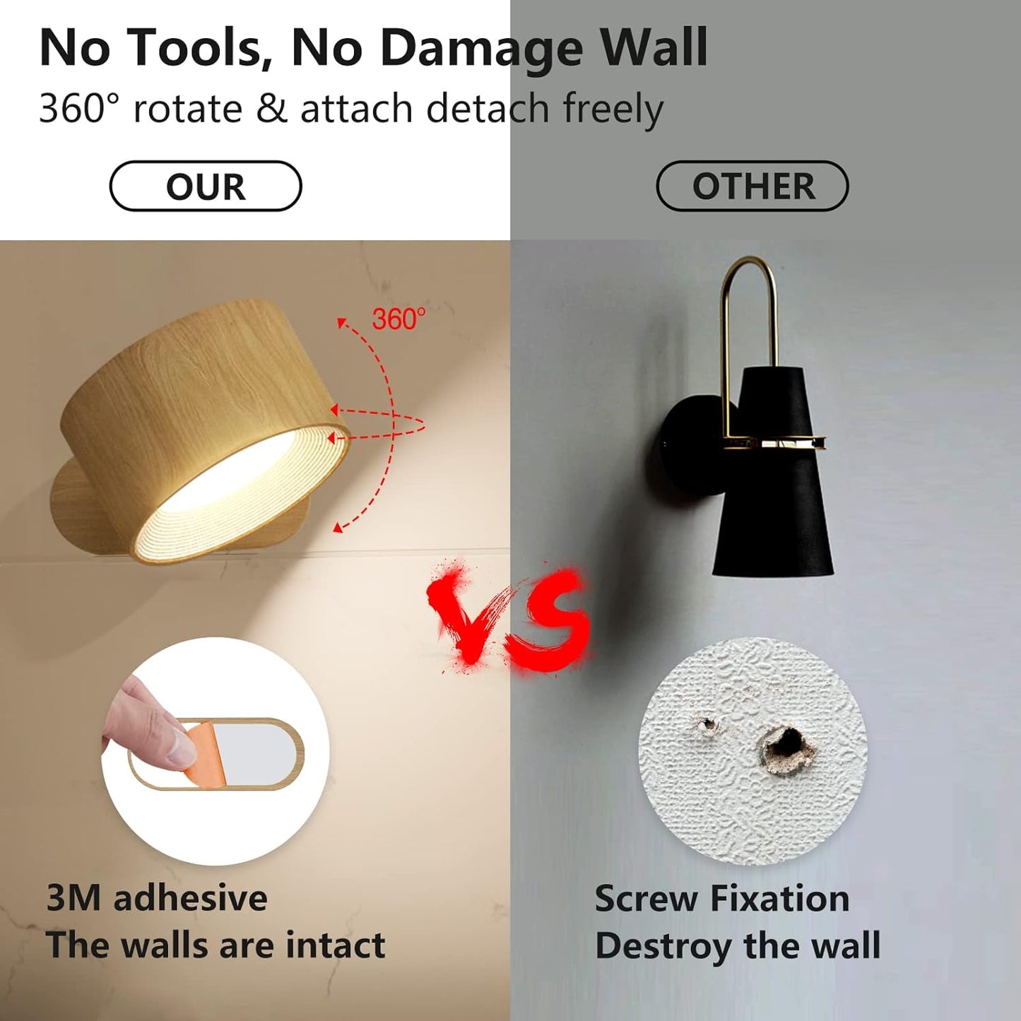 LED Wall Sconces – Rechargeable Touch-Control Lamps with USB, 3 Brightness & Color Modes, 360° Magnetic Rotation