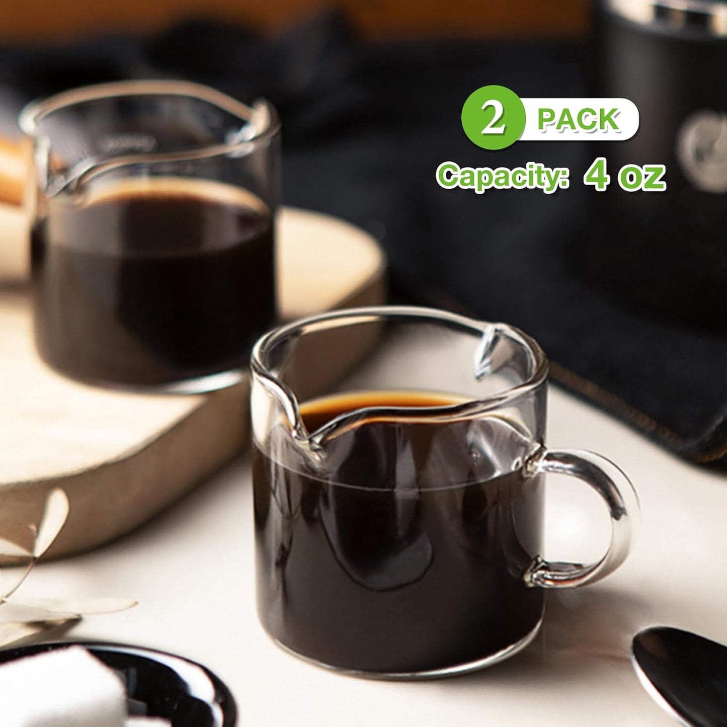 Double Spout Espresso Cups – 2-Pack 4oz Clear Glass Shot Cups with Handle for Coffee & Milk Frothing