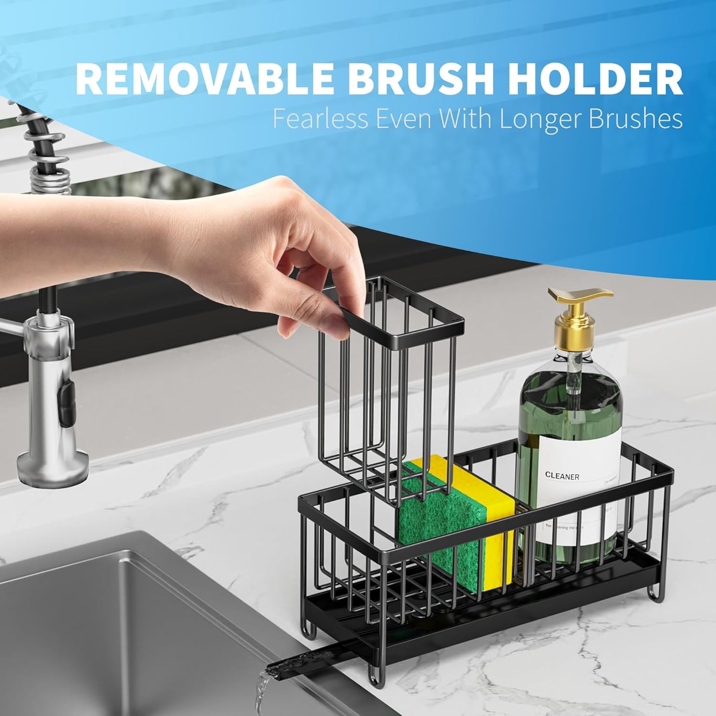 Black Sink Caddy Organizer – Rustproof Sponge Holder with Brush Slot & Soap Dispenser Space, 304 Stainless Steel