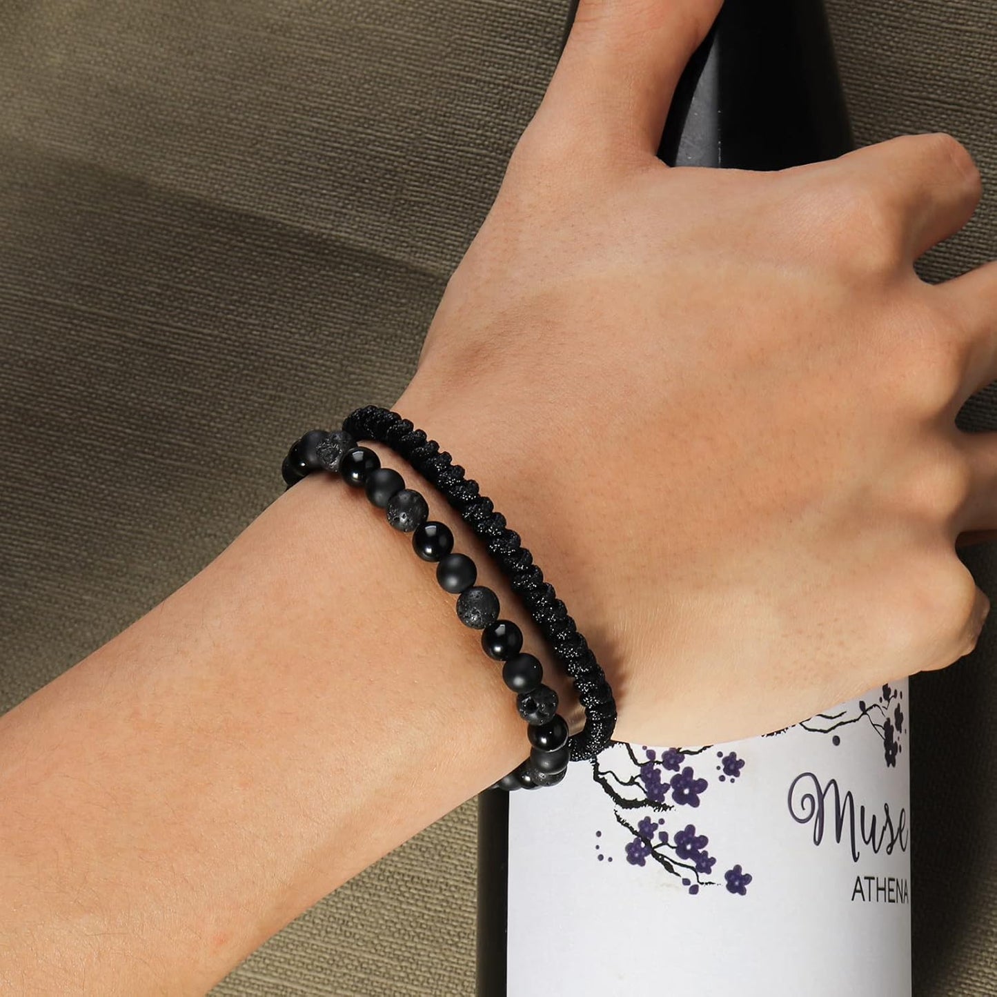 Men’s Black Beaded Bracelet Set – 6mm Obsidian, Onyx & Lava Stone Jewelry