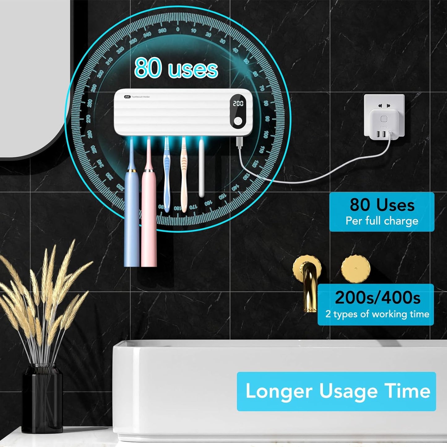StarWin™ 5-Slot UV Toothbrush Cleaner with Timer – Cordless, Wall-Mount, No Drilling Required
