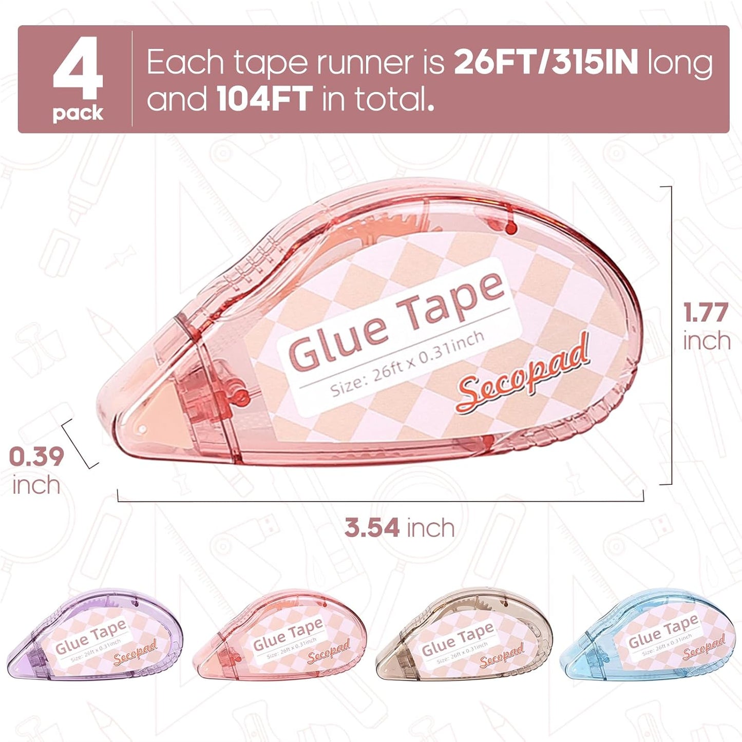 Double-Sided Tape Roller – 4 Pack Scrapbook Adhesive Glue Runners (0.3in x 26ft)