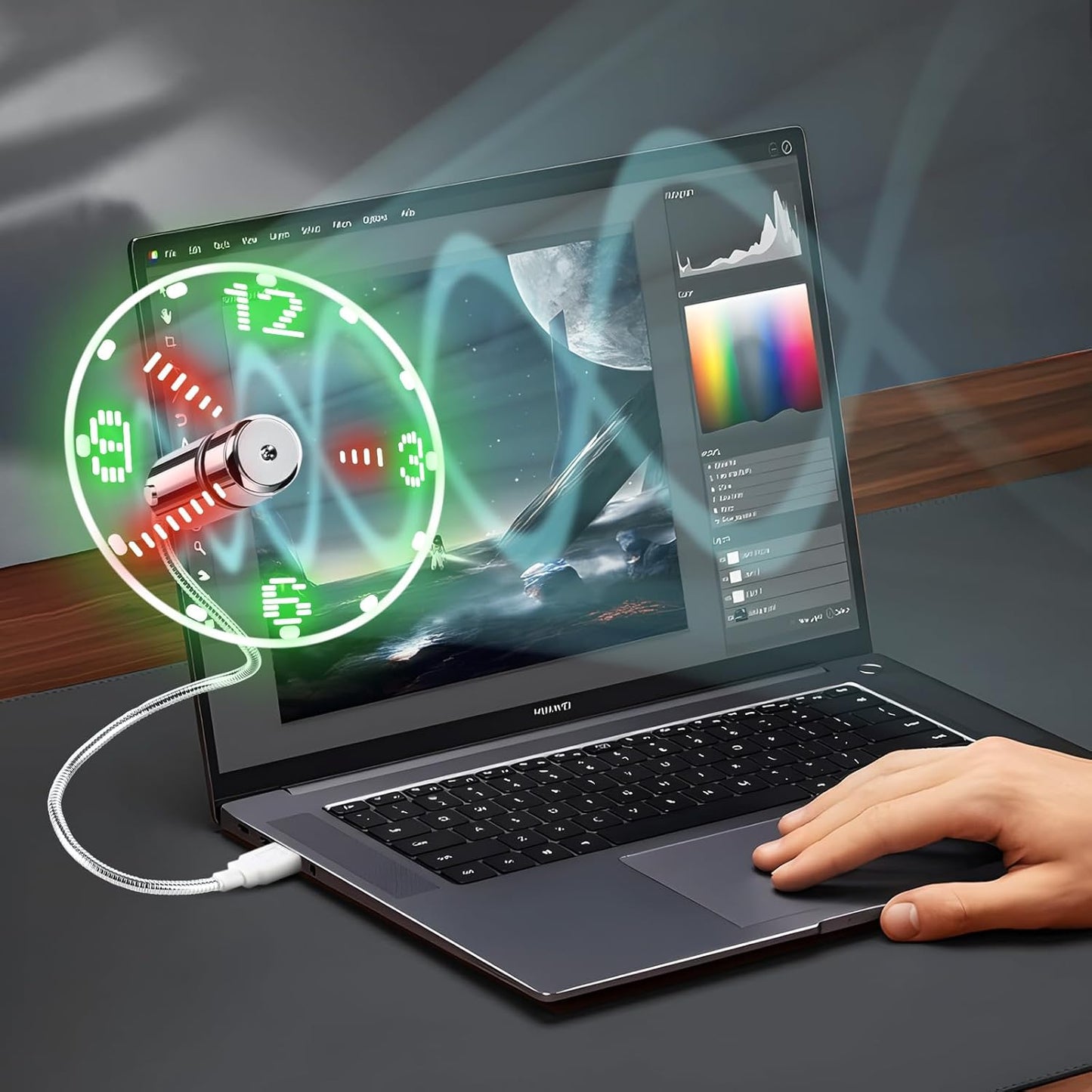 LED USB Clock Fan – Real-Time Display, Flexible Neck, Noiseless Cool Breeze