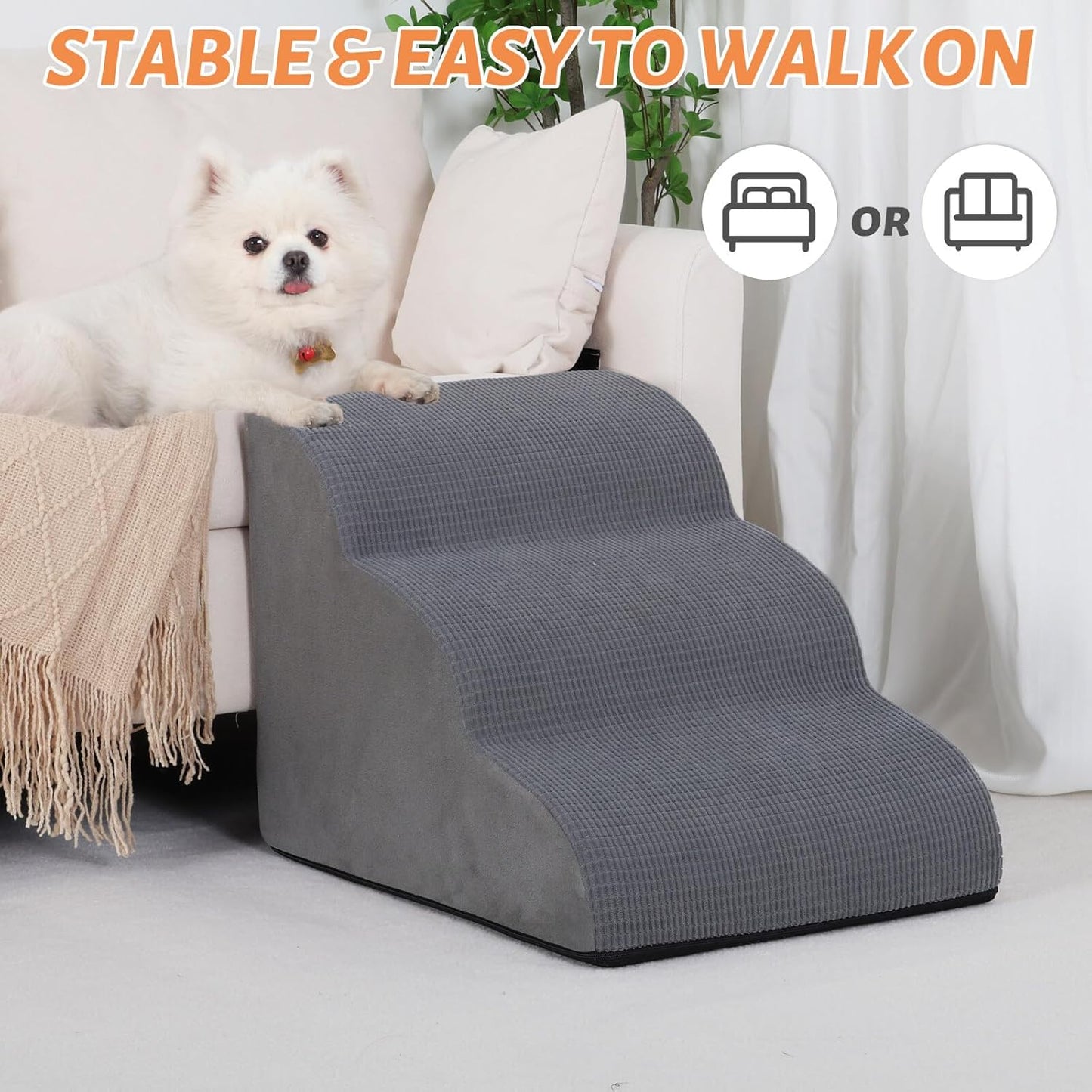 3-Step Pet Ramp & Stairs – Non-Slip Steps for Small Dogs & Cats, 15.7” High (Grey)