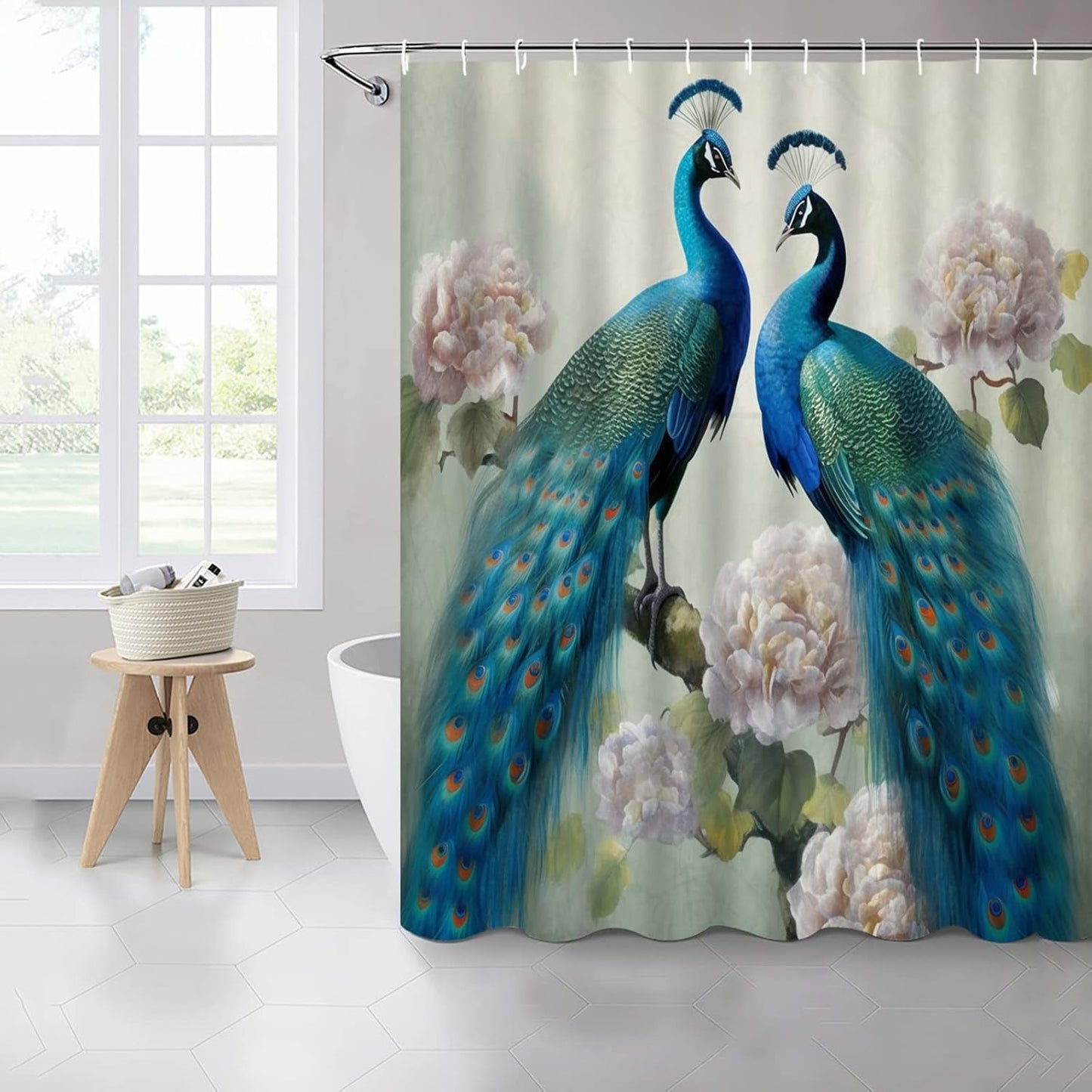 Peacock Shower Curtain – 70x70 Inch Chinese Style Bathroom Decor with Blue Bird, Peony Flowers & Green Leaves – Elegant Polyester Fabric with Hooks Included
