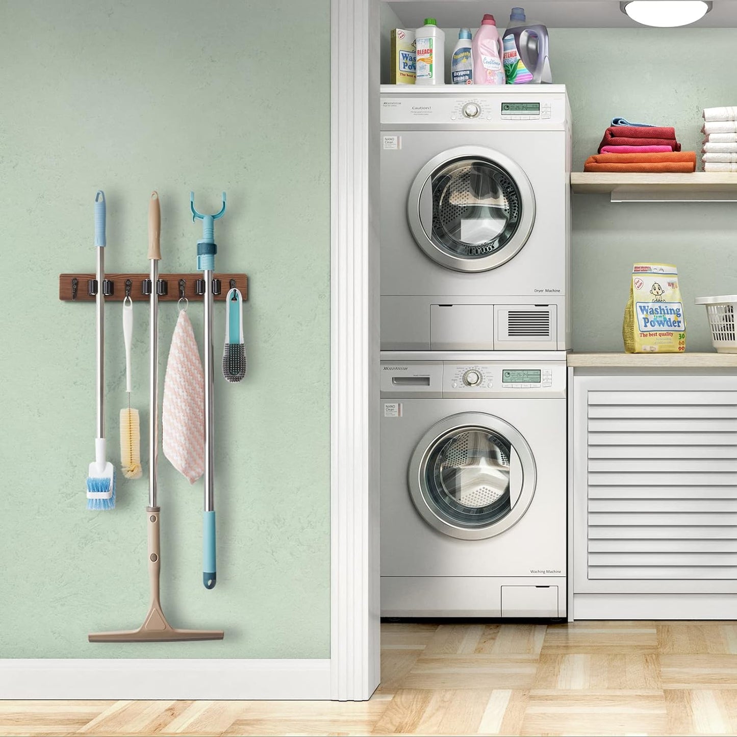 Rustic Wood Broom & Mop Holder Wall Mount – 3 Slots & 4 Hooks for Kitchen, Pantry, Garden, or Laundry Organization
