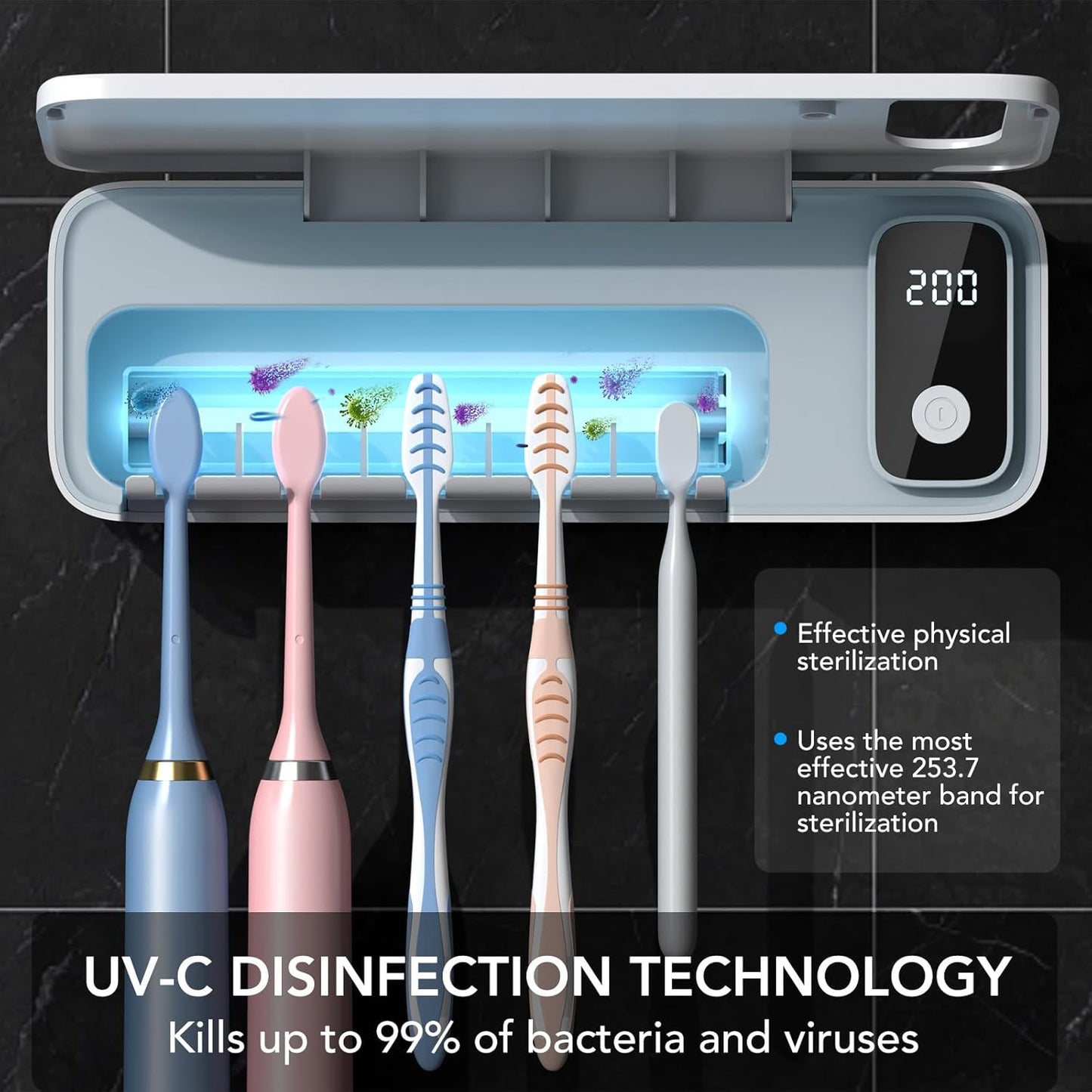 StarWin™ 5-Slot UV Toothbrush Cleaner with Timer – Cordless, Wall-Mount, No Drilling Required