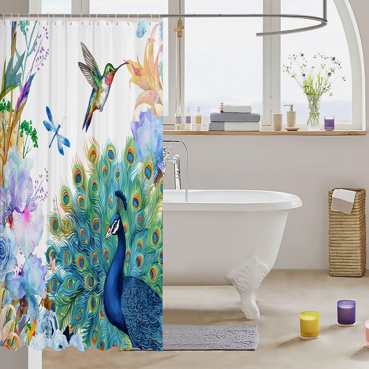 Peacock & Hummingbird Shower Curtain – 72x72” Navy Floral Nature Bathroom Curtain with Dragonfly Design, Waterproof with Hooks