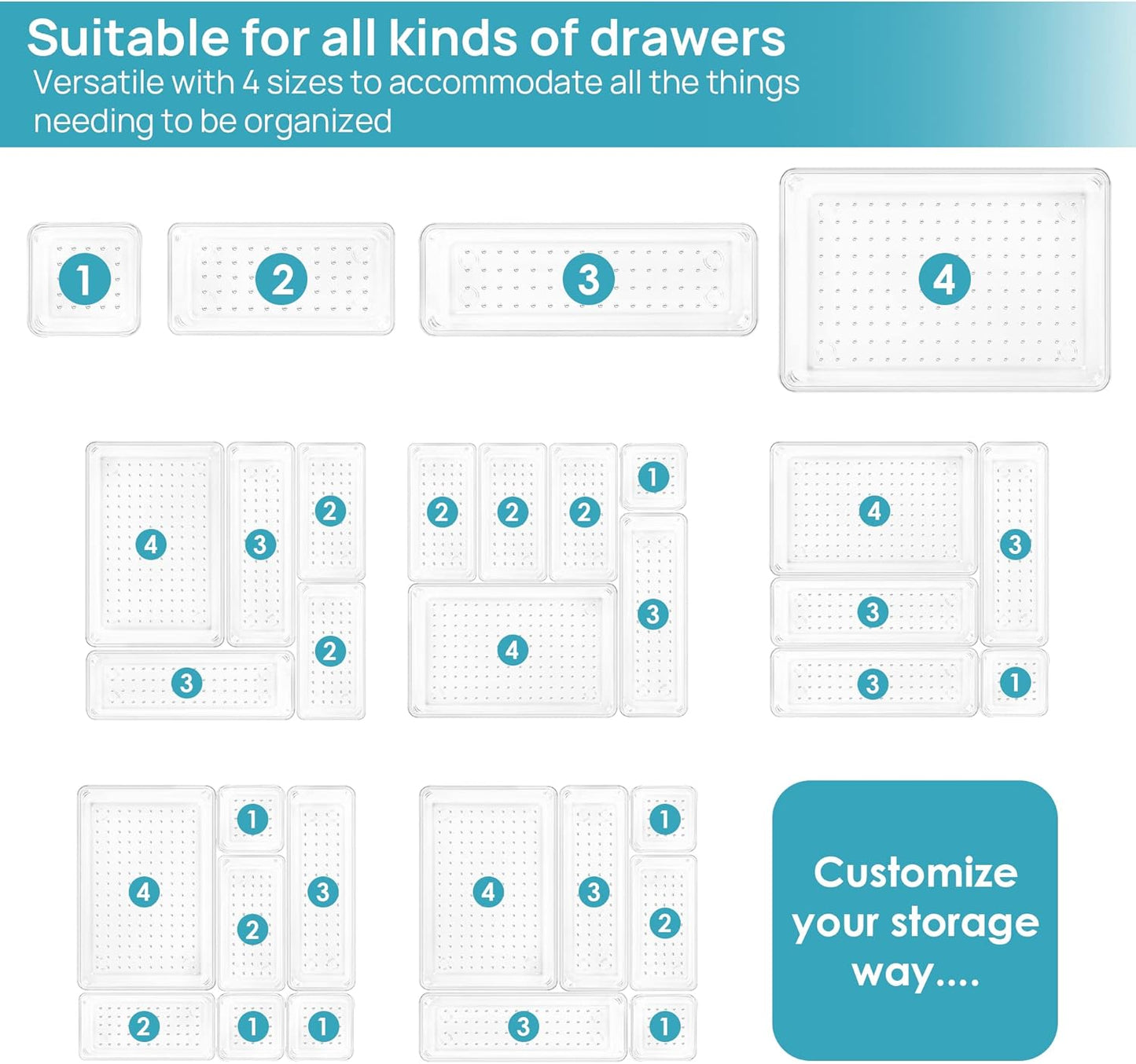 25-Piece Clear Drawer Organizer Set – Multi-Size Storage Bins for Home, Kitchen, Bath & Office