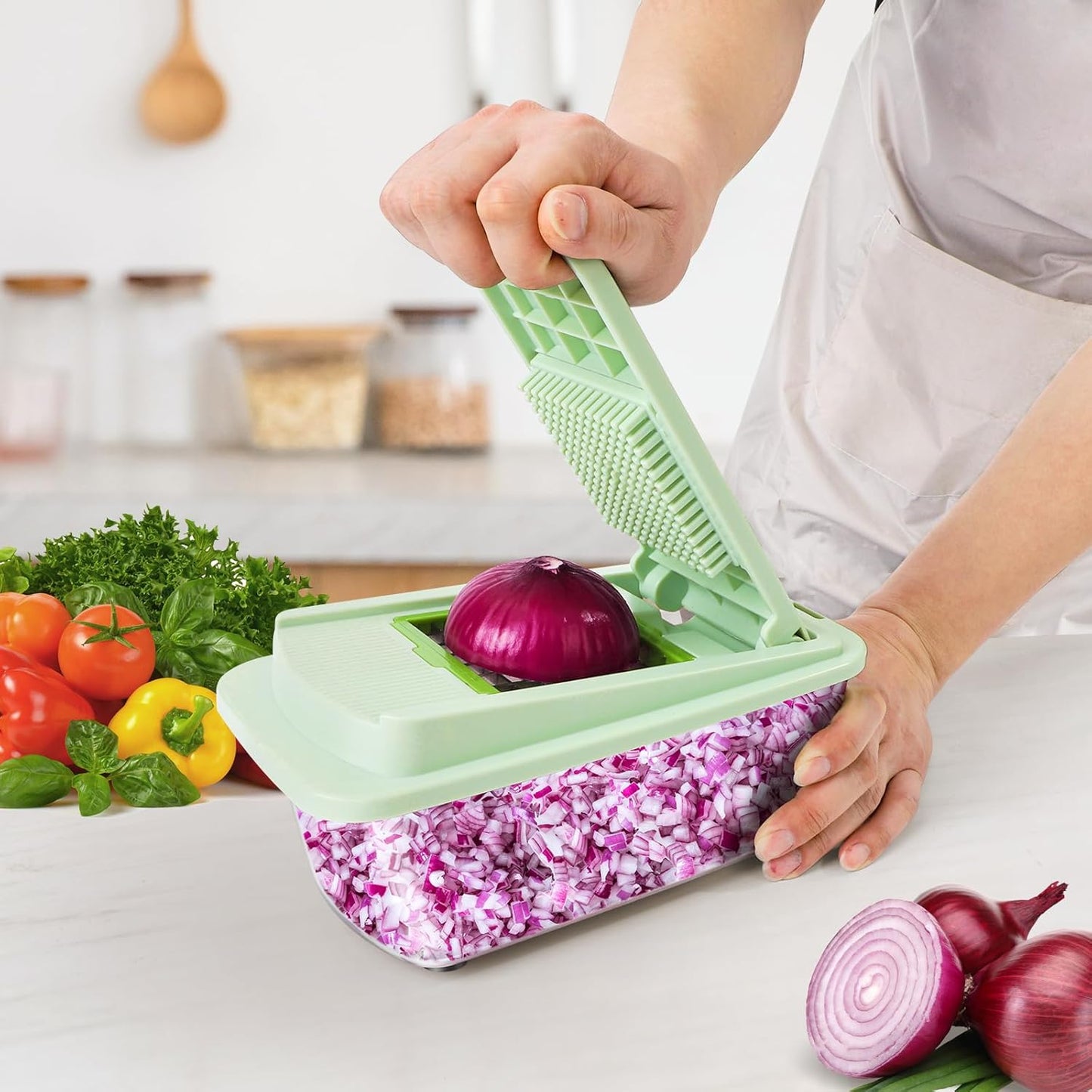 16-in-1 Vegetable Chopper & Spiralizer – Multi-Blade Onion Cutter with Container
