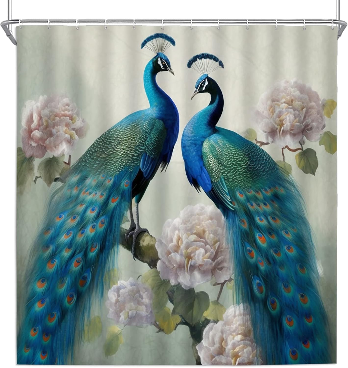 Peacock Shower Curtain – 70x70 Inch Chinese Style Bathroom Decor with Blue Bird, Peony Flowers & Green Leaves – Elegant Polyester Fabric with Hooks Included