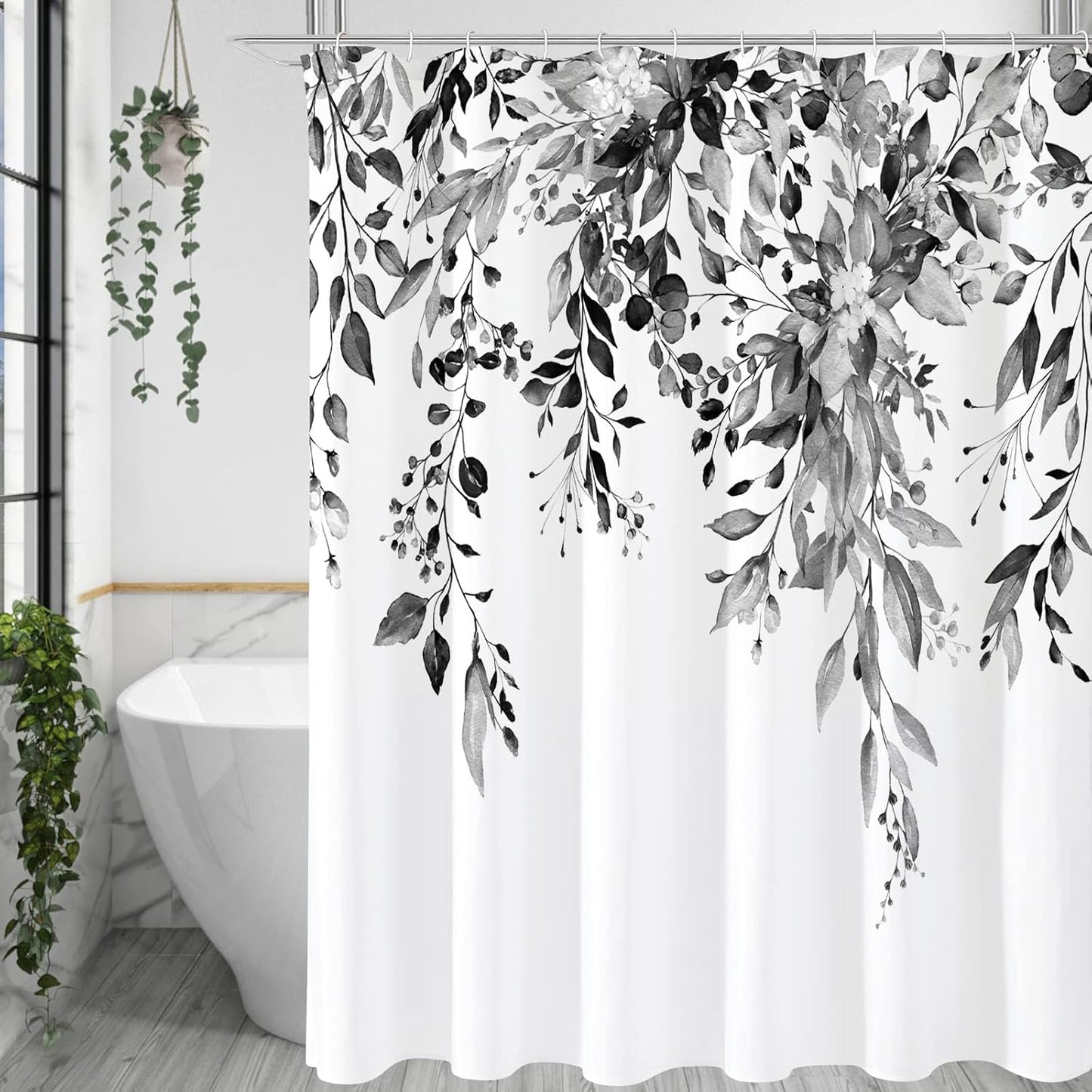 Teal Eucalyptus Shower Curtain, Watercolor Plant Leaves with Floral Bathroom Shower Curtain Set with Hooks, 72X72