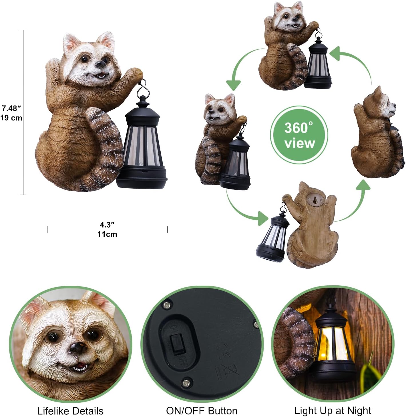 Raccoon Tree Hanger with Solar Lantern – 7.4” Outdoor Garden Decor Statue for Yard, Patio, or Fence | Charming Animal Gift for Women & Moms