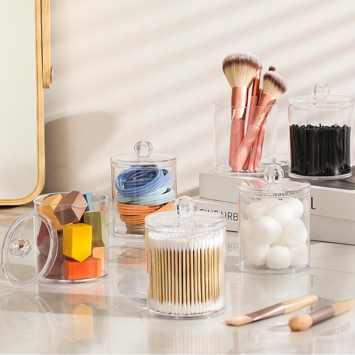 4-Pack Acrylic Qtip Holder Set – Clear Vanity Canisters for Cotton Swabs, Pads & Bathroom Essentials