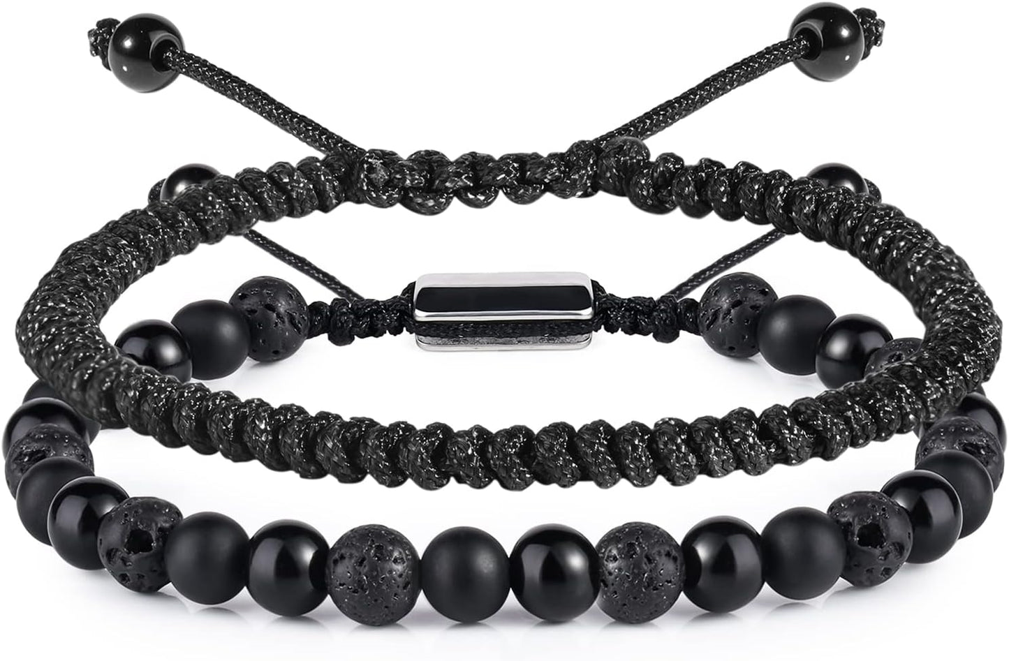 Men’s Black Beaded Bracelet Set – 6mm Obsidian, Onyx & Lava Stone Jewelry