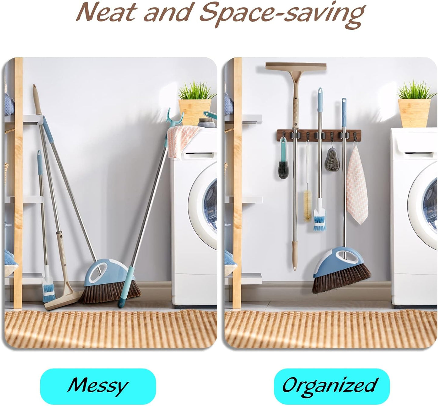 Rustic Wood Broom & Mop Holder Wall Mount – 3 Slots & 4 Hooks for Kitchen, Pantry, Garden, or Laundry Organization