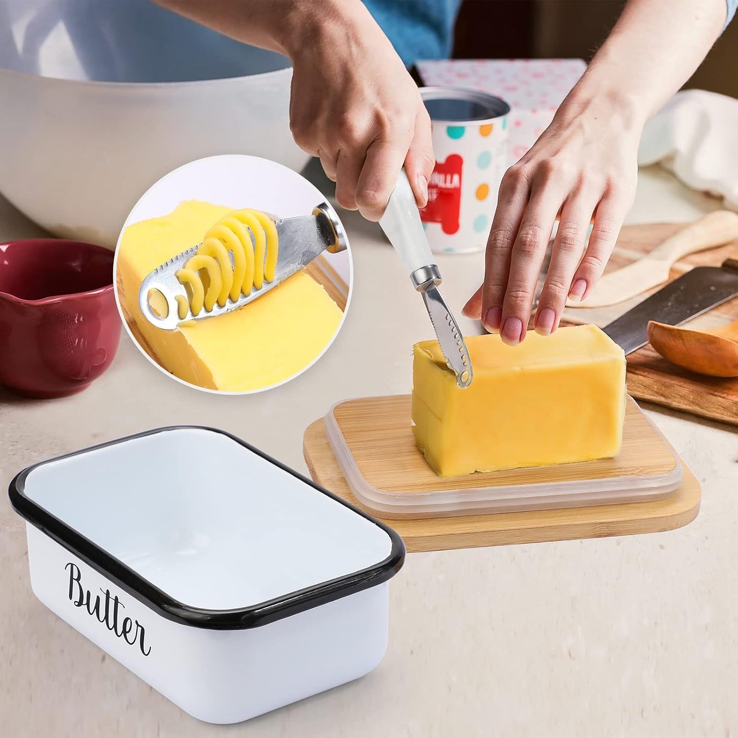 Butter Dish with Lid & Curler Knife – Stainless Steel Butter Keeper with Double Silicone Seal for Farmhouse Kitchen Decor